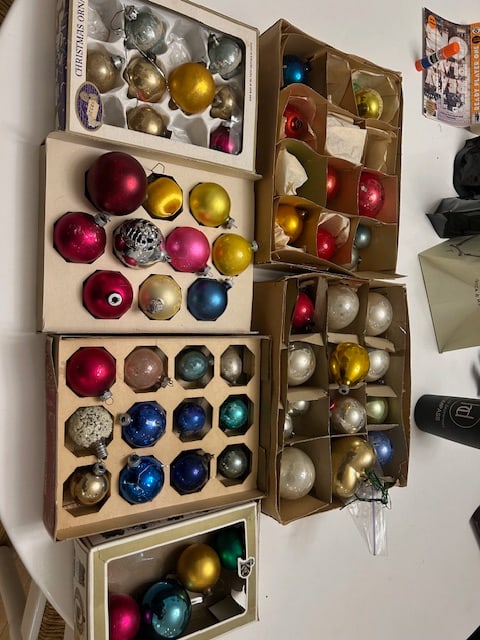 Large Lot of Vintage Christmas Holiday Glass Ornaments: Title: Large Lot of Vintage Christmas Holiday Glass Ornaments Description:Vintage ornaments, more than 60 various conditions. Mostly round but about 7 bell shapes. Not all have metal tops. Date/Period