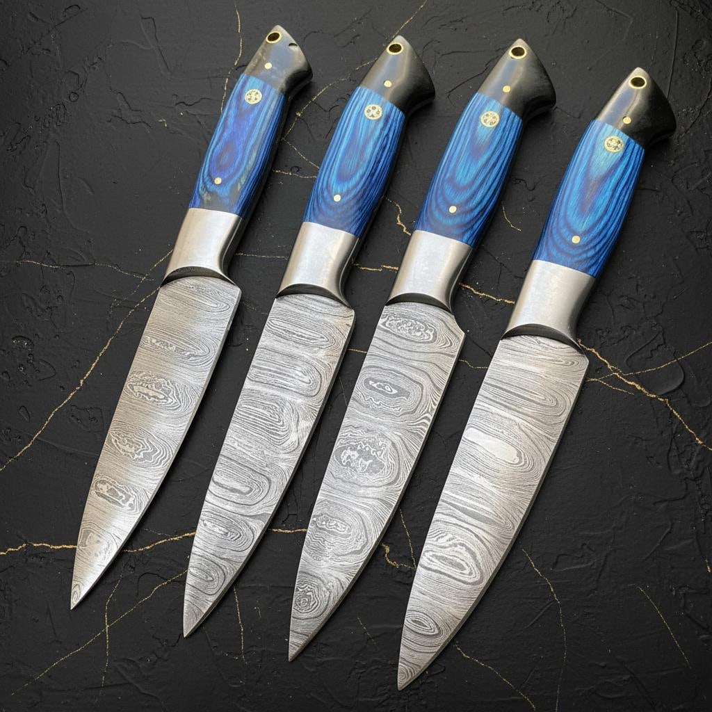 Hand Forged Damascus Steel Steak Knife Set of 4 with Pakka Wood Handles: Title:Hand Forged Damascus Steel Steak Knife Set of 4 with Pakka Wood Handles Description:This listing is for a set of four hand-forged Damascus steel steak knives, ideal for kitchen and dining use. E