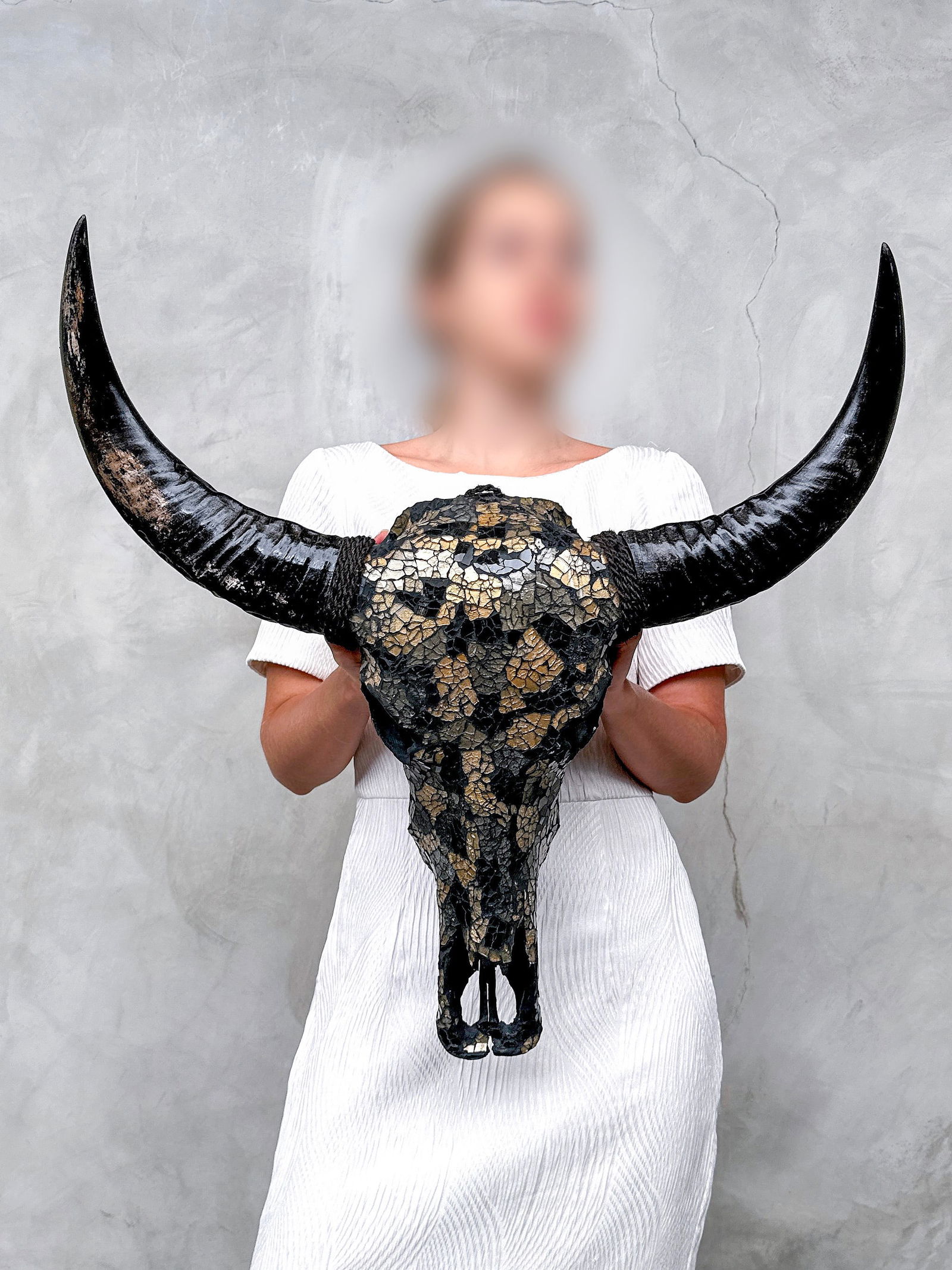 Striking buffalo skull with glass mozaic inlay: Title: Striking buffalo skull with glass mozaic inlay Maker:Unknown Origin: Indonesia Date/Period:2025 Materials:Bubalus Bubalis, Bone, Horn Dimensions:Height: 63 cm / 24.8 inches, Width: 61 cm / 24 i