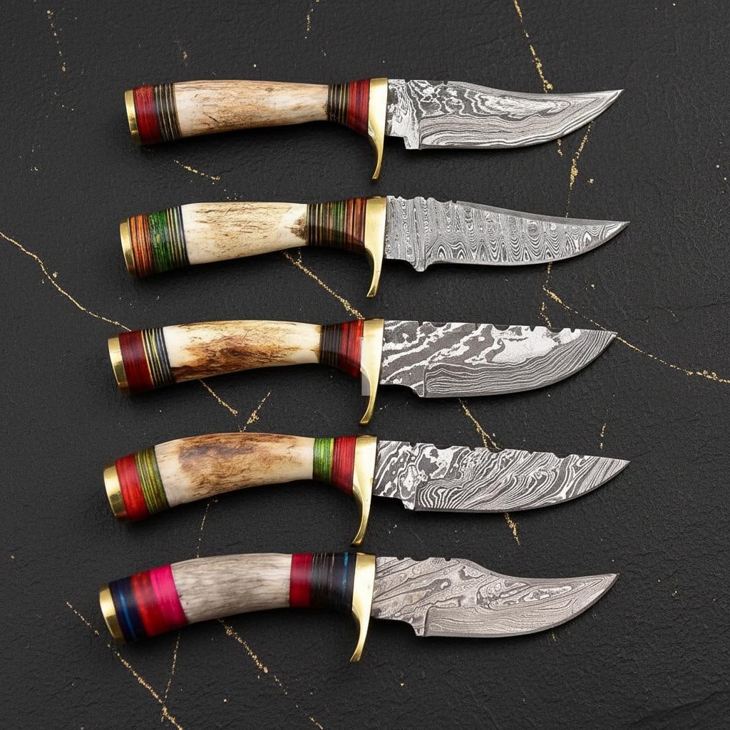 Lot of 5 Handmade Damascus Steel Hunting Knives with Stag Antler Handles & Sheaths (1 of 4)