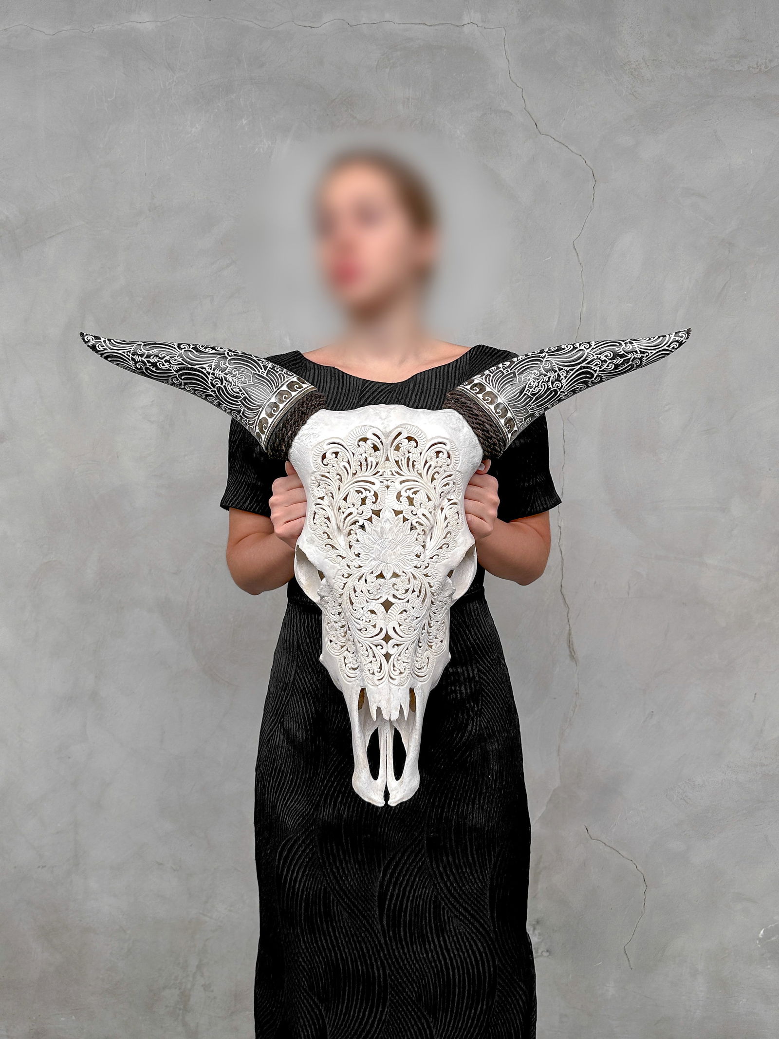 Carved cow skull with carved horns - Lotus motif: Title: Carved cow skull with carved horns - Lotus motif Maker:Unknown Origin: Indonesia Date/Period:2025 Materials:Bos Taurus, Bone, Horn Dimensions:Height: 54 cm / 21.2 inches Width: 69 cm / 27.1 inc