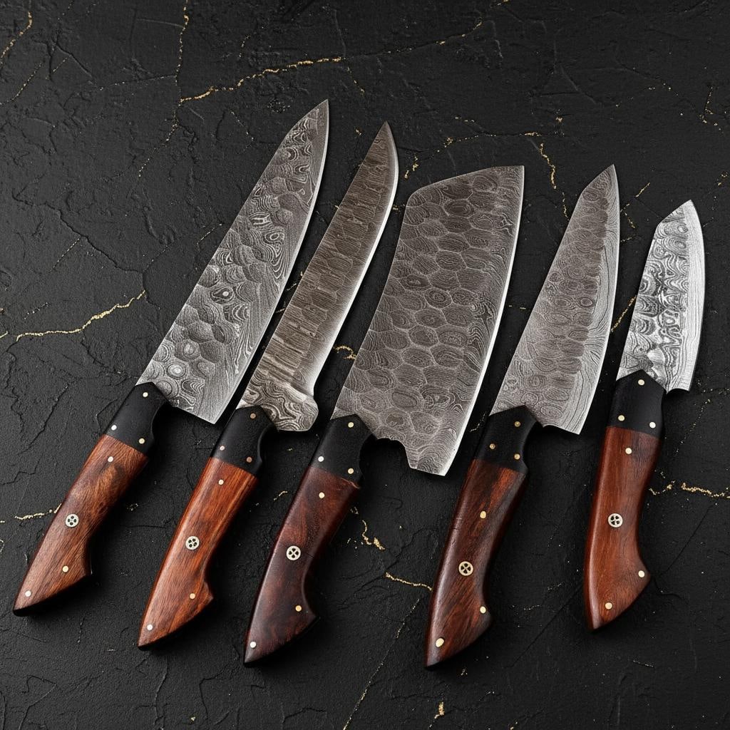 5pc Handmade Damascus Steel Chef Knife Set Kitchen Knives with Leather Roll Bag: Title:5pc Handmade Damascus Steel Chef Knife Set Kitchen Knives with Leather Roll Bag Description:This listing is for a five-piece, hand-forged kitchen knife set. The blades are crafted from layered D