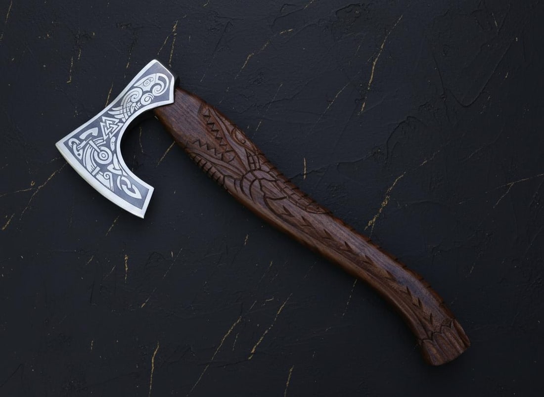 Forged Carbon Steel Viking Axe with Hand-Carved Dragon Handle & Leather Sheath: Title:Forged Carbon Steel Viking Axe with Hand-Carved Dragon Handle & Leather Sheath Description:This listing is for a custom hand-forged Viking-style axe. The piece features a high carbon steel blade