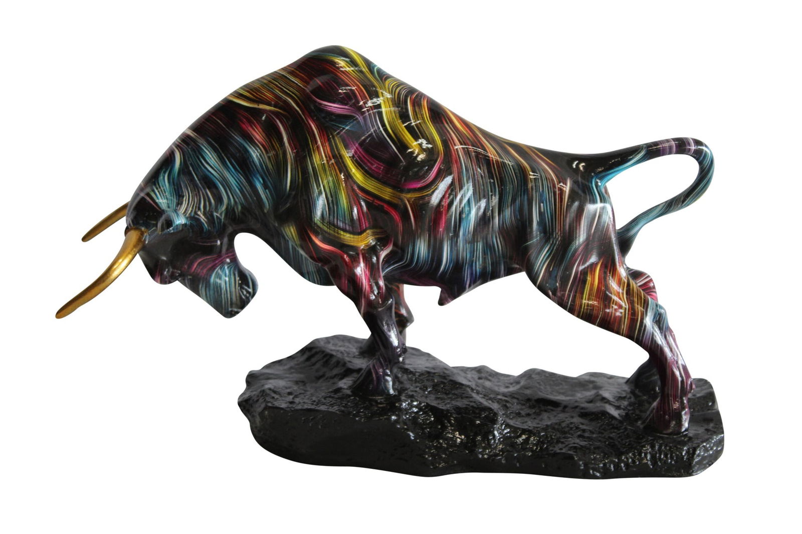 Resin Bull Statue with Swirling Multicolor Lines and Gold Horns 14" x 4" x 9"H: Title:Resin Bull Statue with Swirling Multicolor Lines and Gold Horns 14" x 4" x 9"H Description:Resin Bull Statue with Swirling Multicolor Lines and Gold Horns 14" x 4" x 9"H Details:SKU: ResinBullSt