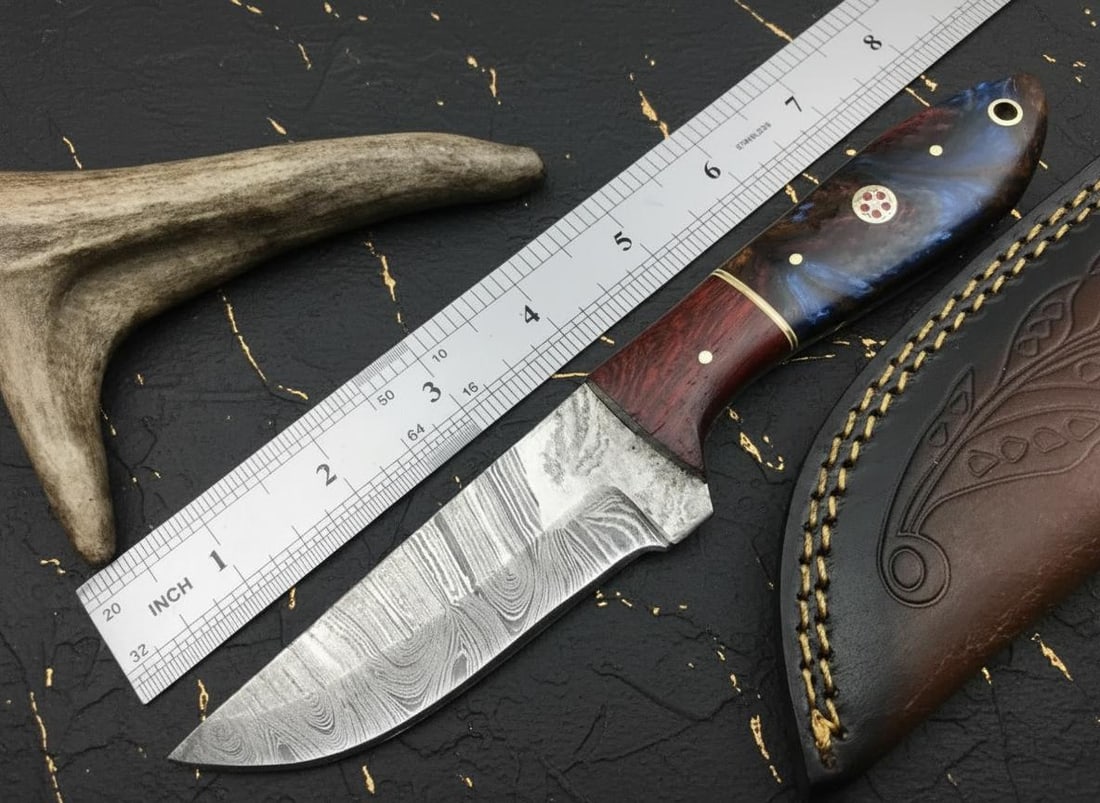 Handmade Damascus Steel Hunting Knife Full Tang Wood & Acrylic Handle w/ Sheath: Title:Handmade Damascus Steel Hunting Knife Full Tang Wood & Acrylic Handle w/ Sheath Description:This listing is for a handmade Damascus steel knife featuring a distinctive dyed wood and acrylic hand