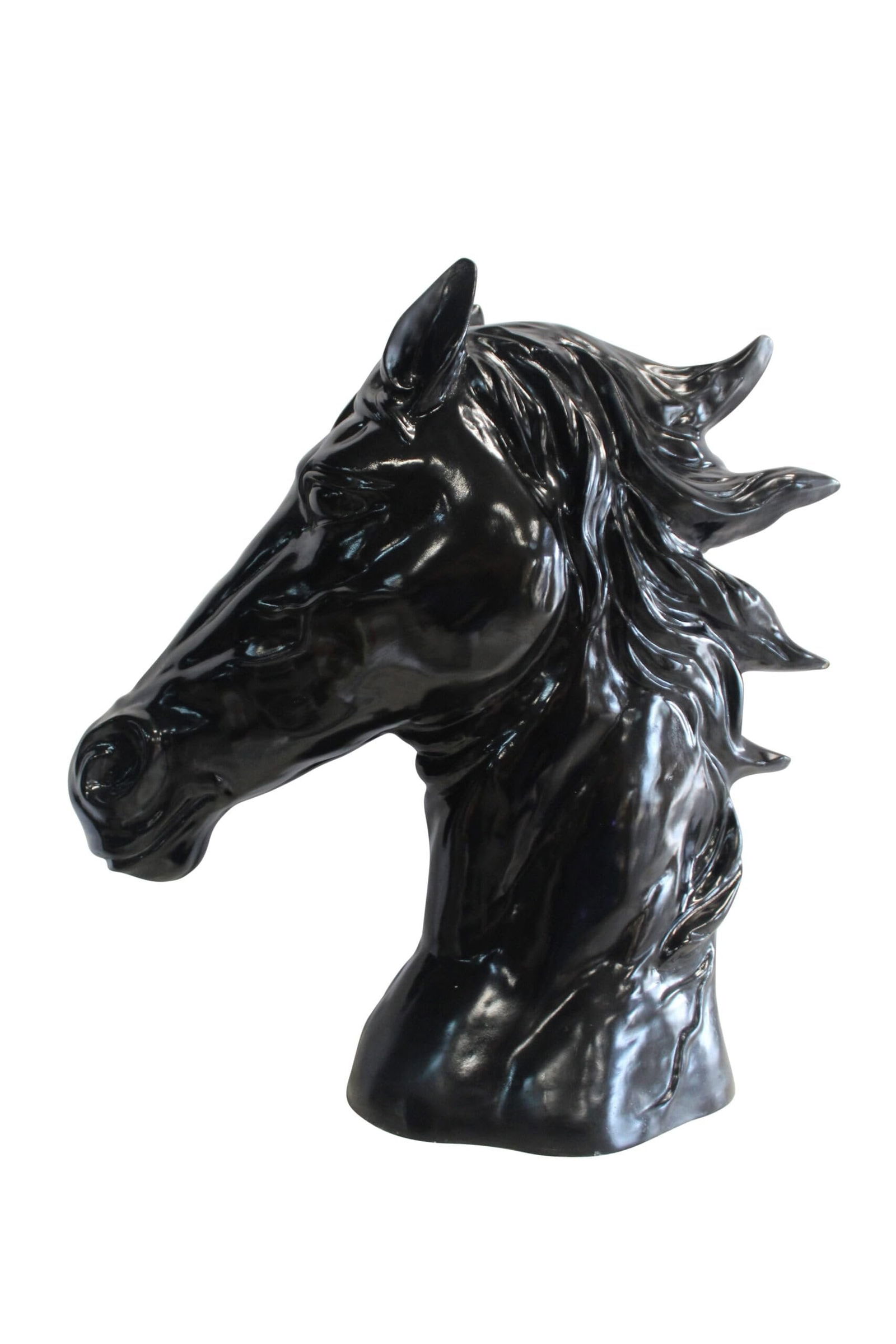 Pure Elegance, Fiberglass Black Stallion Bust 36" x 14" x 36"H: Title:Pure Elegance, Fiberglass Black Stallion Bust 36" x 14" x 36"H Description:Experience the epitome of elegance with our Fiberglass Black Stallion horse Bust. Meticulously handcrafted and casted,