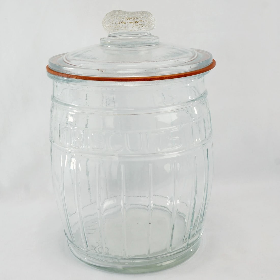 Vintage Glass Store Counter Display Peanuts: Title:Vintage Glass Store Counter Display Peanuts Size:6 ½ in (16.5 cm) diameter x 10 in (25.4 cm) tall. Description:A large utilitarian, but decorative, clear jar with a peanut finial that was