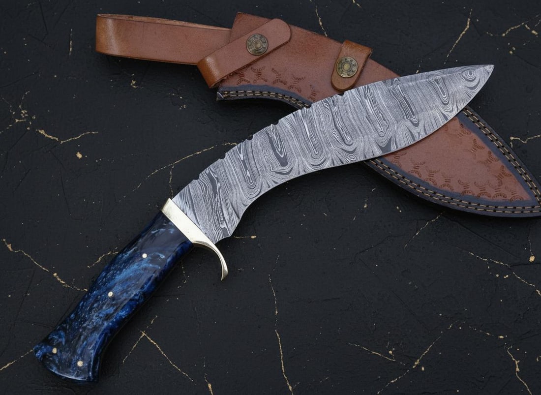 Hand Forged 15" Damascus Steel Kukri Knife | Bowie Hunting Blade with Leather Sheath: Title:Hand Forged 15" Damascus Steel Kukri Knife | Bowie Hunting Blade with Leather Sheath Description:This is a custom handmade Kukri-style knife, featuring a hand-forged Damascus steel blade and a c