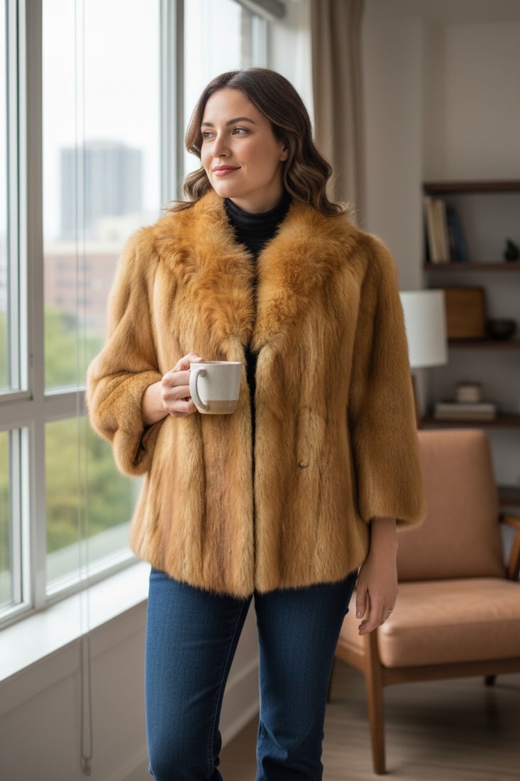 GOLDEN MINK RED FOX FUR JACKET EU: L ; US: 16: Title: GOLDEN MINK RED FOX FUR JACKET EU: L ; US: 16 Dimension: Approximate size- EU: L; US: 16 : Important details: Length: 65cm/25.59in -Shoulders width:45cm/17.72in -Sleeve Length:55cm/21.65in -Bus