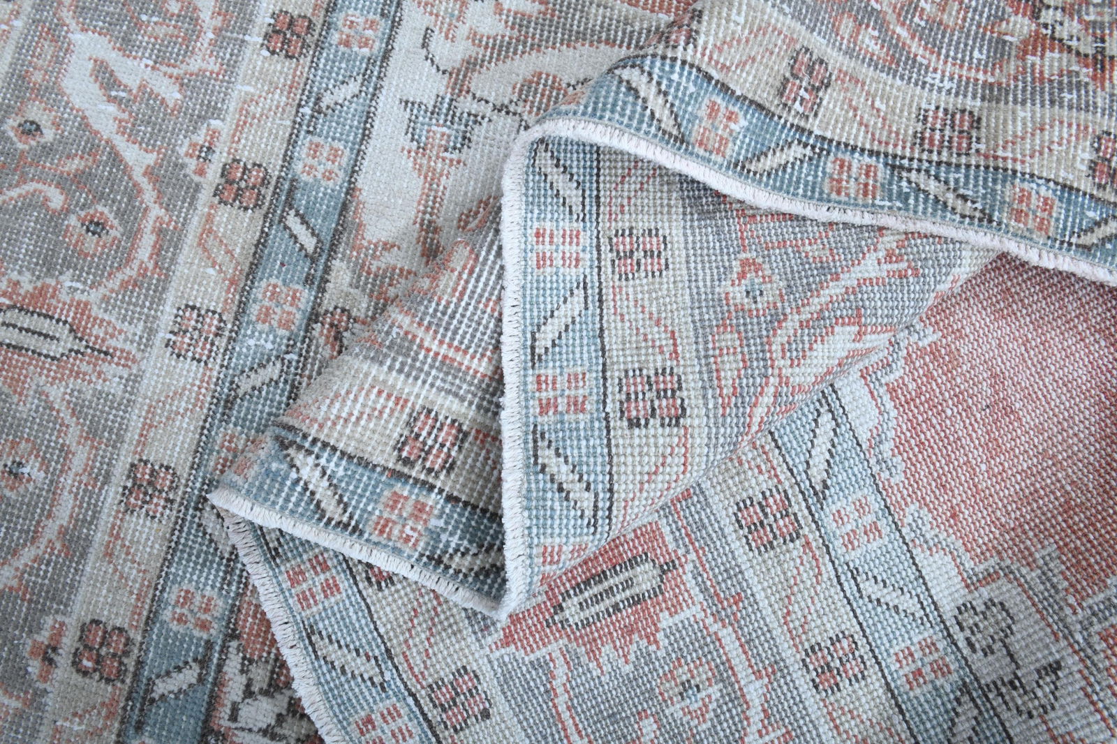 7'3x11'3 ft, FADED ORANGE RUG: Title: 7'3x11'3 ft, FADED ORANGE RUG Origin: Turkey Date/Period: 1960 - 1970 Materials: Wool And Cotton Size: Width: 7.3 feet Length: 11.3 feet Description: This Turkish one-of-a-kind Vintage Turkish