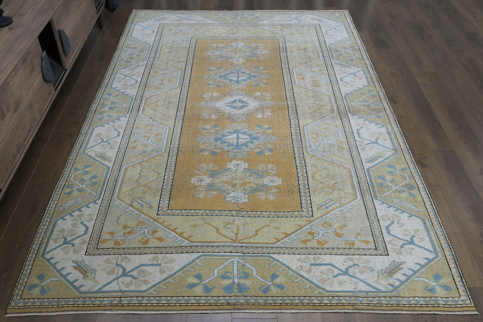 6'6x9'7 ft, ORANGE OVERSIZED RUG: Title: 6'6x9'7 ft, ORANGE OVERSIZED RUG Origin: Turkey Date/Period: 1960 - 1970 Materials: Wool And Cotton Size: Width: 6.6 feet Length: 9.7 feet Description: This Turkish one-of-a-kind Vintage Turkis