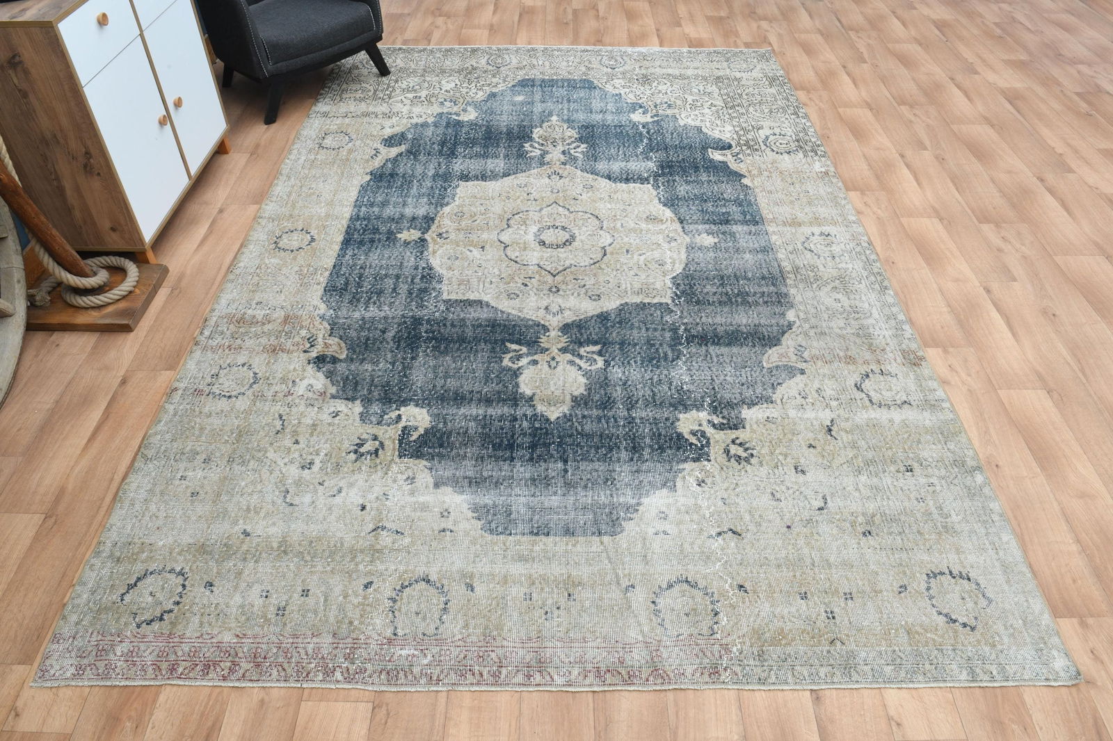 BLUE TURKISH RUG, Area Rug: Title: BLUE TURKISH RUG, Area Rug Origin: Turkey Date/Period: 1960 - 1970 Materials: Wool And Cotton Size: Width: 8.1 feet Length: 12 feet Description: This Turkish one-of-a-kind Vintage Turkish Rug i