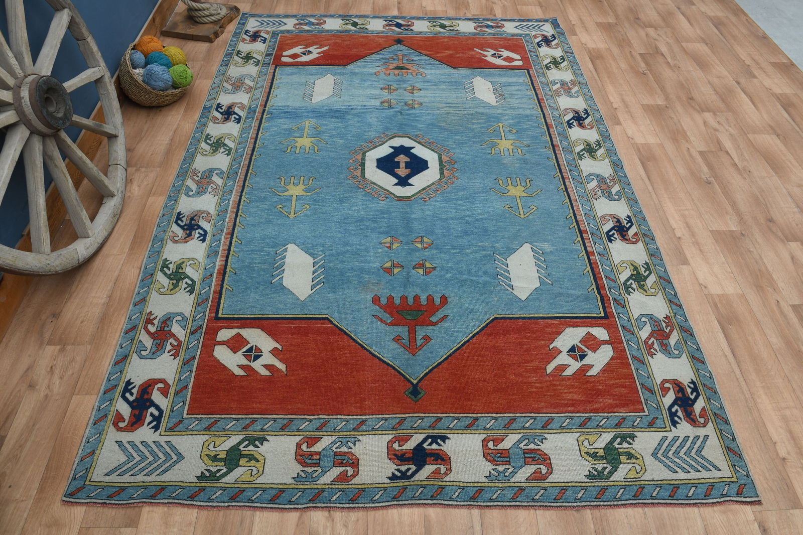 7'1x10'5 ft, TURKISH OUSHAK RUG: Title: 7'1x10'5 ft, TURKISH OUSHAK RUG Origin: Turkey Date/Period: 1960 - 1970 Materials: Wool And Cotton Size: Width: 7.1 feet Length: 10.5 feet Description: This Turkish one-of-a-kind Vintage Turkis