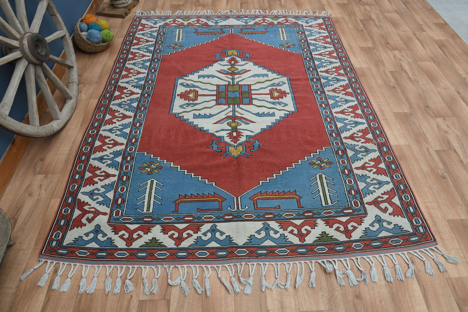 7'4x9'6 ft, TURKISH VINTAGE RUG: Title: 7'4x9'6 ft, TURKISH VINTAGE RUG Origin: Turkey Date/Period: 1960 - 1970 Materials: Wool And Cotton Size: Width: 7.4 feet Length: 9.6 feet Description: This Turkish one-of-a-kind Vintage Turkish