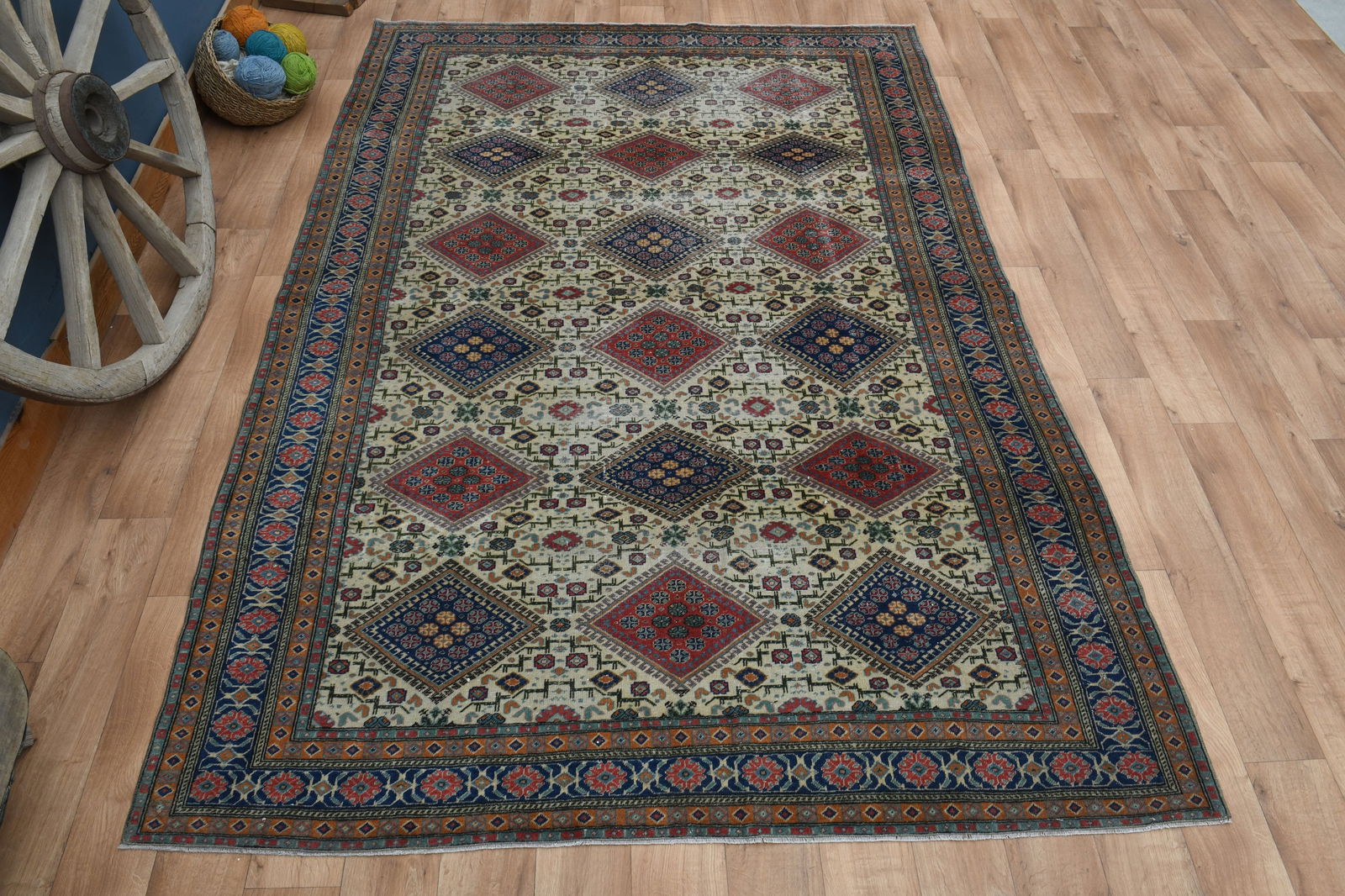 6'5x9'4 ft, TURKISH OUSHAK RUG: Title: 6'5x9'4 ft, TURKISH OUSHAK RUG Origin: Turkey Date/Period: 1960 - 1970 Materials: Wool And Cotton Size: Width: 6.5 feet Length: 9.4 feet Description: This Turkish one-of-a-kind Vintage Turkish