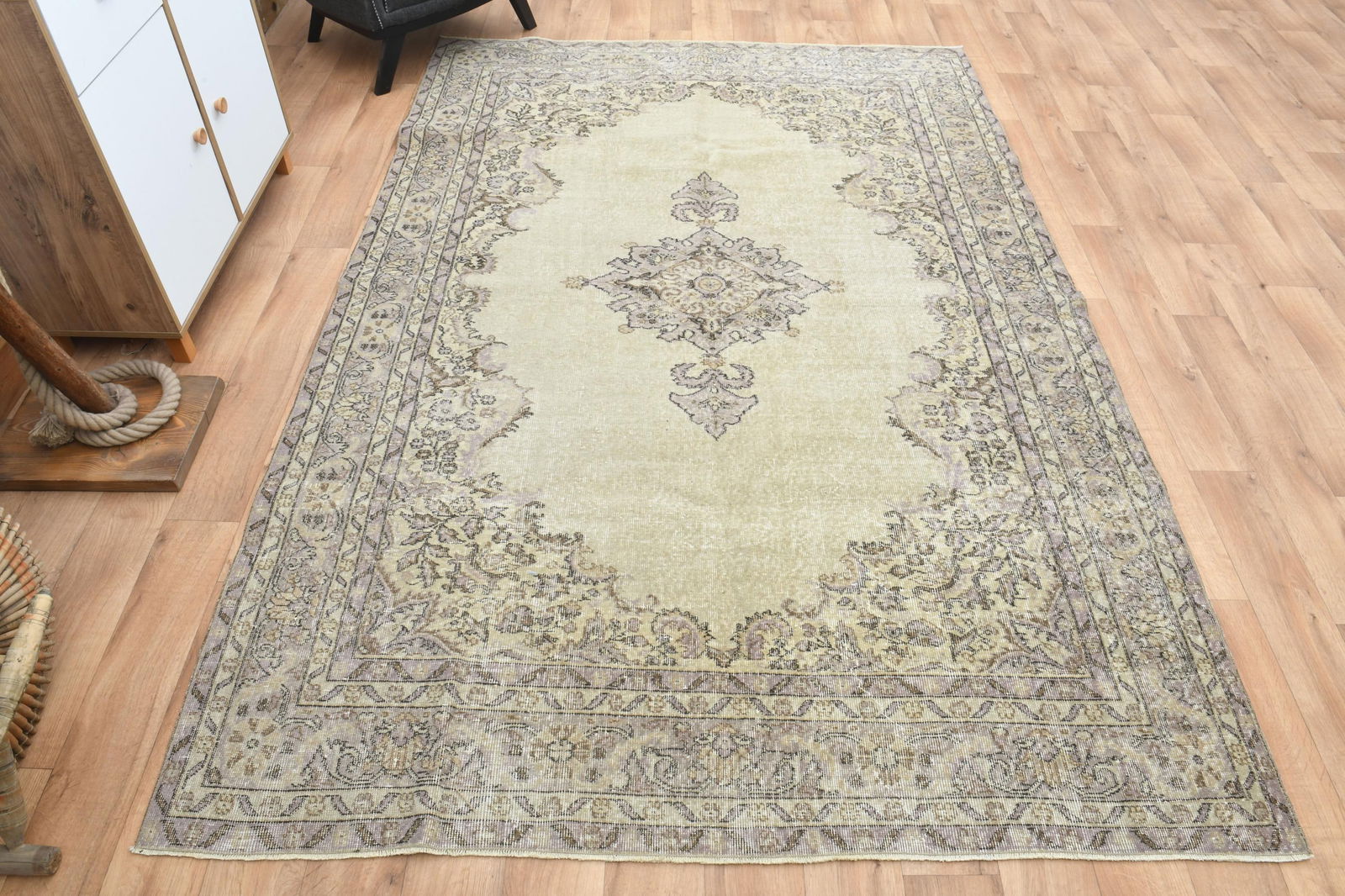 6'8x10'1 ft, FADED AREA RUG: Title: 6'8x10'1 ft, FADED AREA RUG Origin: Turkey Date/Period: 1960 - 1970 Materials: Wool And Cotton Size: Width: 6.8 feet Length: 10.1 feet Description: This Turkish one-of-a-kind Vintage Turkish Ru