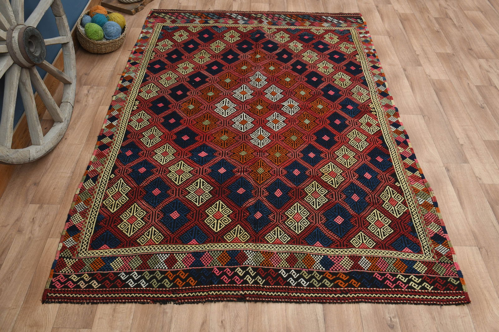 6'4x8'6 ft, IKAT PINK ORANGE: Title: 6'4x8'6 ft, IKAT PINK ORANGE Origin: Turkey Date/Period: 1960 - 1970 Materials: Wool And Cotton Size: Width: 6.4 feet Length: 8.6 feet Description: This Turkish one-of-a-kind Vintage Turkish Ru