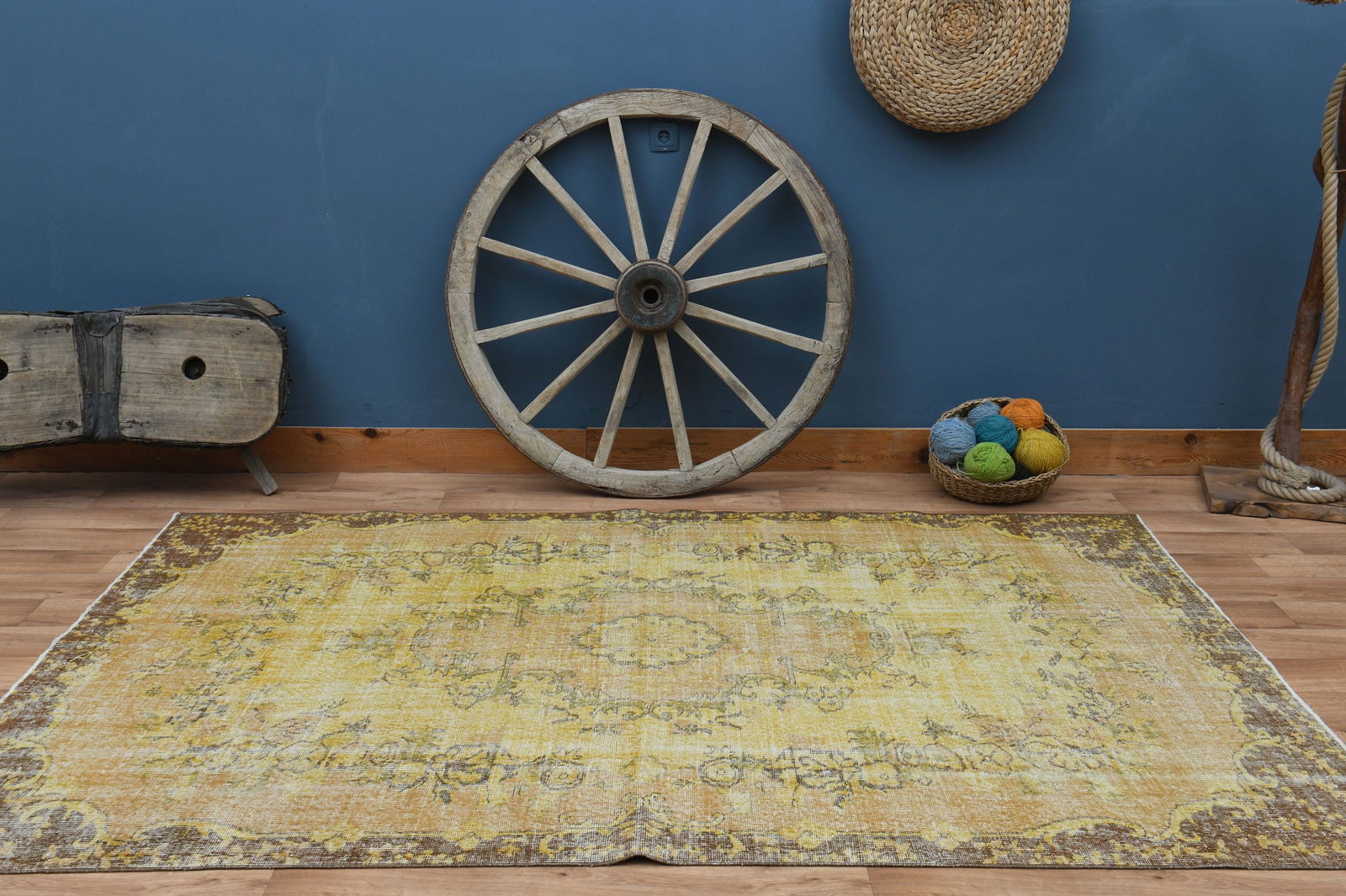 5'9x8'8 ft, YELLOW AREA RUG: Title: 5'9x8'8 ft, YELLOW AREA RUG Origin: Turkey Date/Period: 1960 - 1970 Materials: Wool And Cotton Size: Width: 5.9 feet Length: 8.8 feet Description: This Turkish one-of-a-kind Vintage Turkish Rug