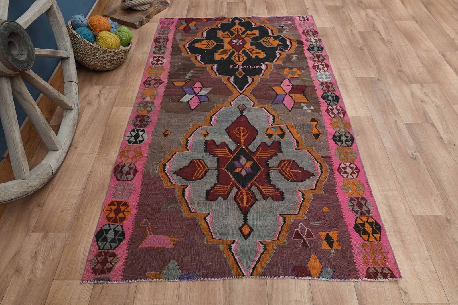4x7'1 ft, PINK ORANGE RUG: Title: 4x7'1 ft, PINK ORANGE RUG Origin: Turkey Date/Period: 1960 - 1970 Materials: Wool And Cotton Size: Width: 4 feet Length: 7.1 feet Description: This Turkish one-of-a-kind Vintage Turkish Rug is
