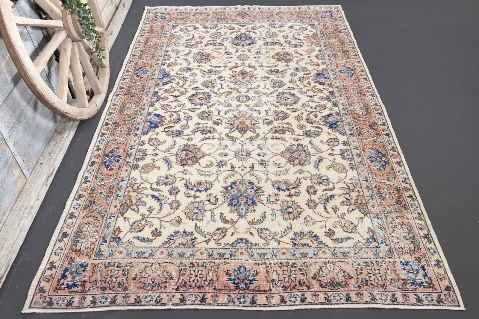 6.5x10.6 Turkish Area Rug: Title: 6.5x10.6 Turkish Area Rug Origin: Turkey Date/Period: 1960 - 1970 Materials: Wool And Cotton Size: Width: 6.5 feet Length: 10.6 feet Description: This Turkish one-of-a-kind Vintage Turkish Rug