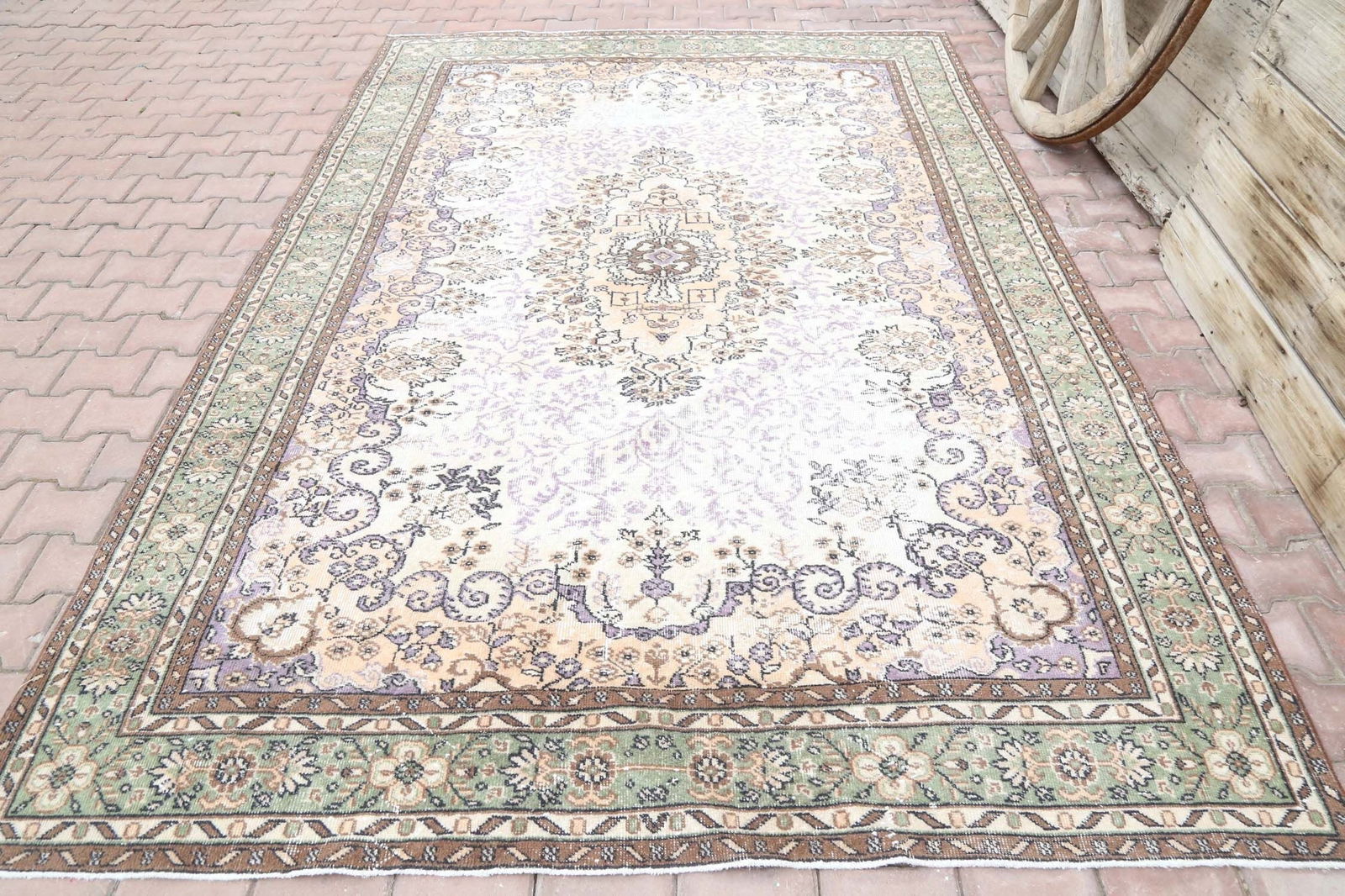 7x10.4, Turkish Medallion, Vintage Oushak Rug: Title: 7x10.4, Turkish Medallion, Vintage Oushak Rug Origin: Turkey Date/Period: 1960 - 1970 Materials: Wool And Cotton Size: Width: 7 feet Length: 10.4 feet Description: This Turkish one-of-a-kind Vi