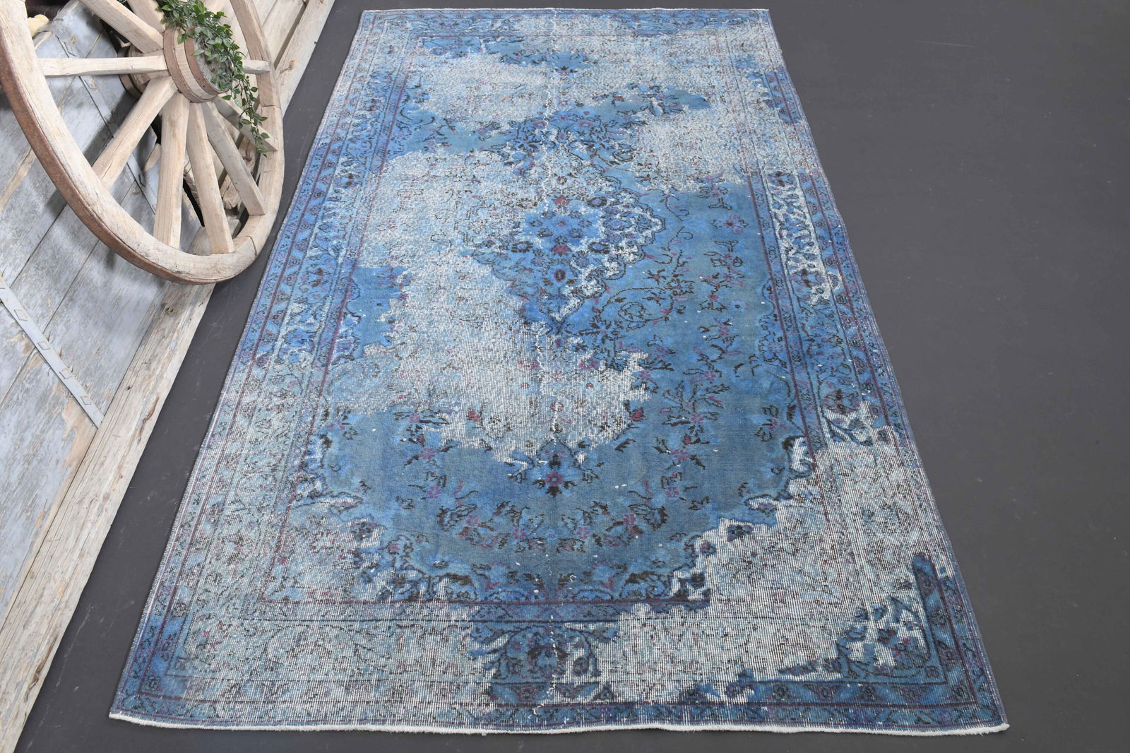 5.9x10 TURKISH Rug, Blue Faded Distressed: Title: 5.9x10 TURKISH Rug, Blue Faded Distressed Origin: Turkey Date/Period: 1960 - 1970 Materials: Wool And Cotton Size: Width: 4.3 feet Length: 6.7 feet Description: This Turkish one-of-a-kind Vinta