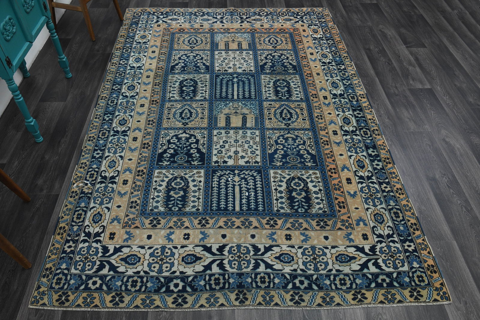 6.7x9.9 ft, TURKISH Rug, VINTAGE: Title: 6.7x9.9 ft, TURKISH Rug, VINTAGE Origin: Turkey Date/Period: 1960 - 1970 Materials: Wool And Cotton Size: Width: 6.7 feet Length: 9.9 feet Description: This Turkish one-of-a-kind Vintage Turkis