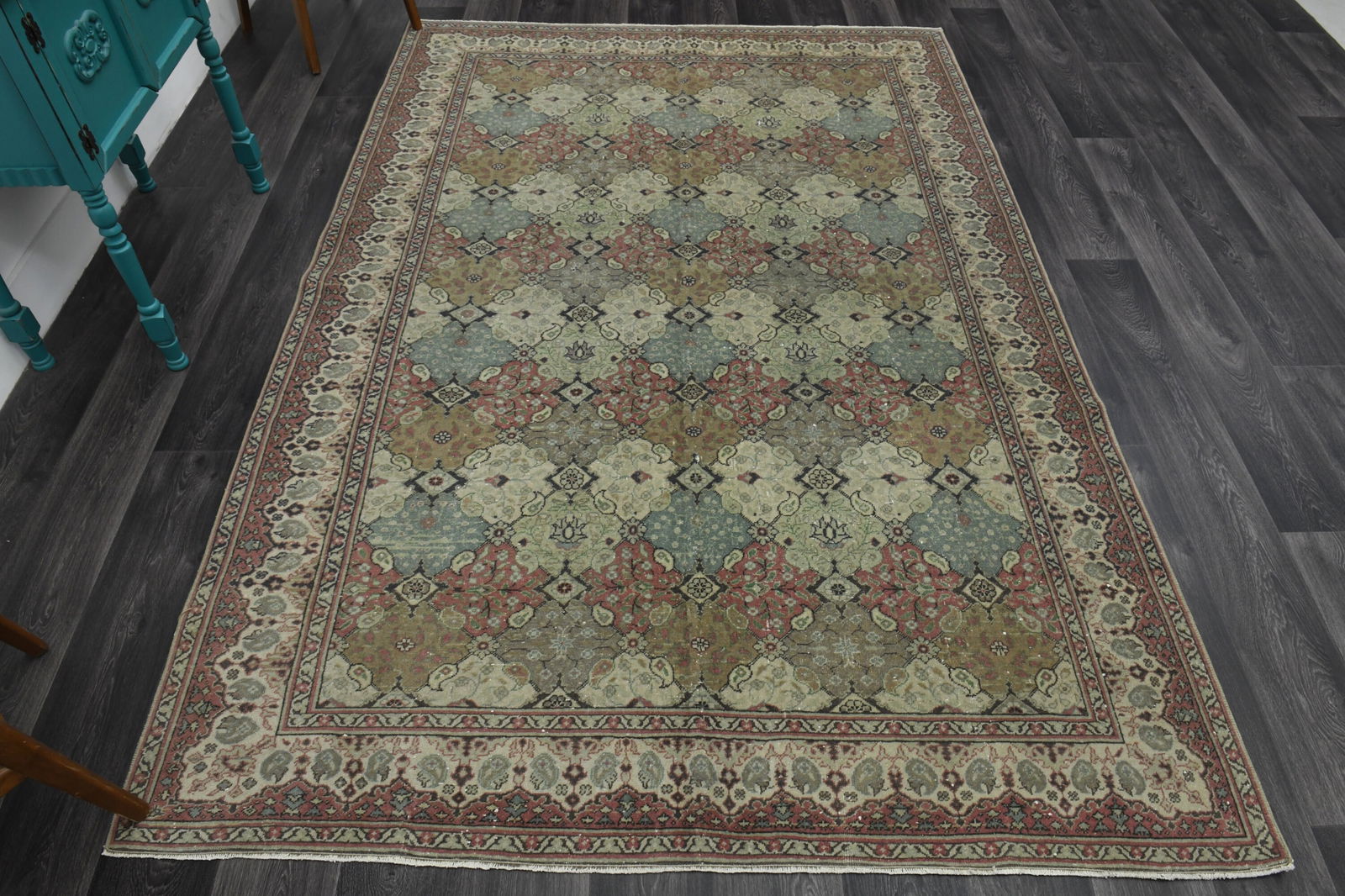 6.3x9.4 ft, TURKISH Rug, VINTAGE: Title: 6.3x9.4 ft, TURKISH Rug, VINTAGE Origin: Turkey Date/Period: 1960 - 1970 Materials: Wool And Cotton Size: Width: 6.3 feet Length: 9.4 feet Description: This Turkish one-of-a-kind Vintage Turkis