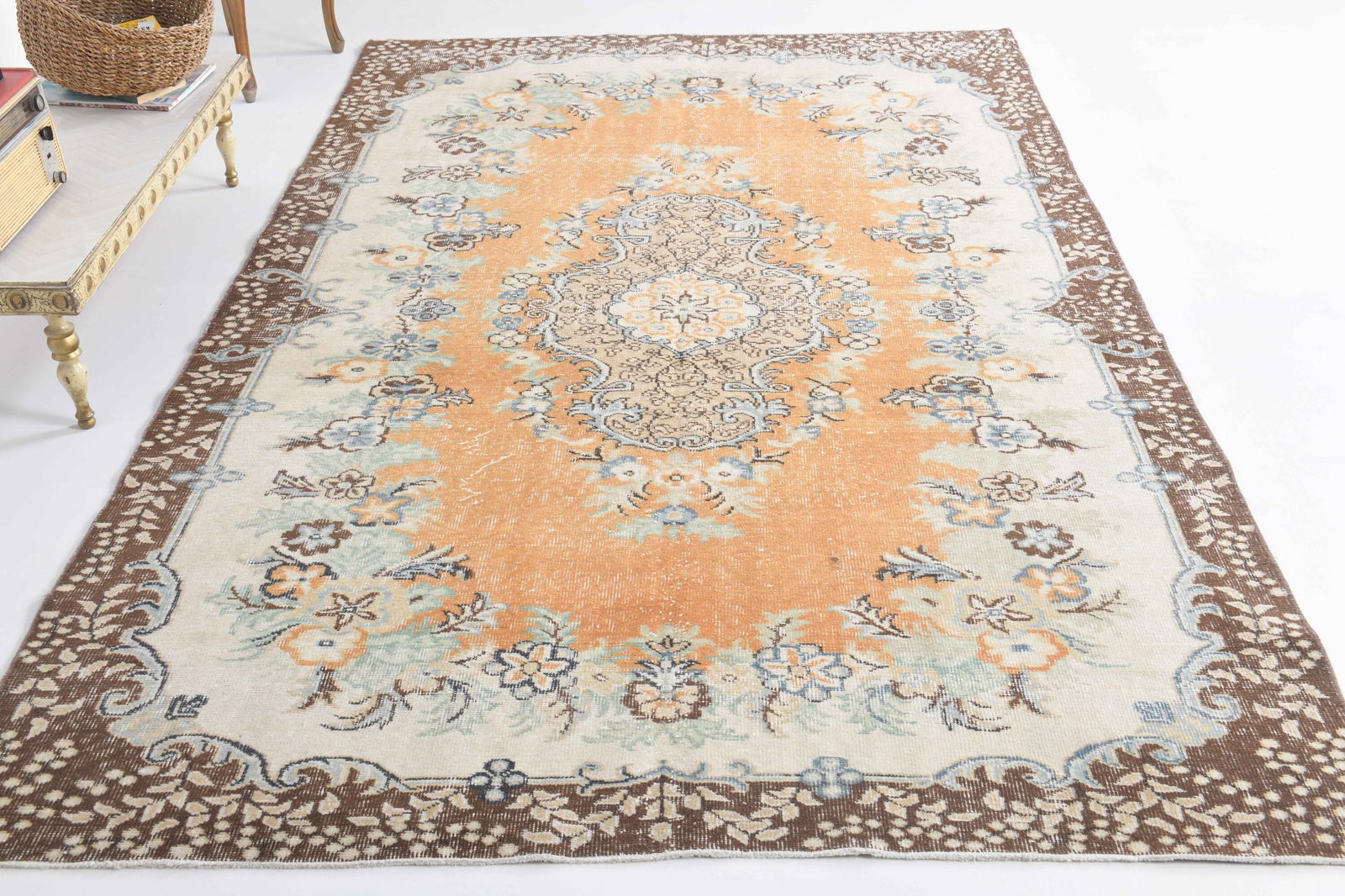 5.7x9.5 ft, TURKISH Rug, Oushak: Title: 5.7x9.5 ft, TURKISH Rug, Oushak Origin: Turkey Date/Period: 1960 - 1970 Materials: Wool And Cotton Size: Width: 5.7 feet Length: 9.5 feet Description: This Turkish one-of-a-kind Vintage Turkish