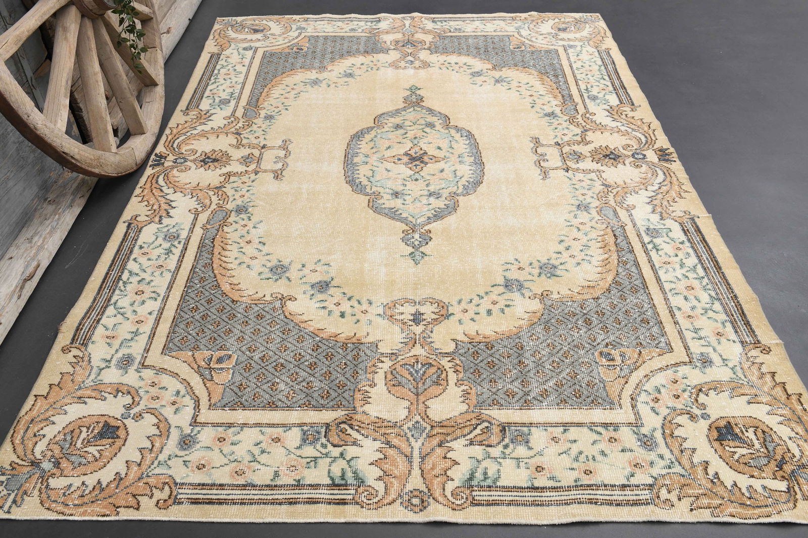 5.9x9.2 TURKISH Area Rug: Title: 5.9x9.2 TURKISH Area Rug Origin: Turkey Date/Period: 1960 - 1970 Materials: Wool And Cotton Size: Width: 5.9 feet Length: 9.2 feet Description: This Turkish one-of-a-kind Vintage Turkish Rug is