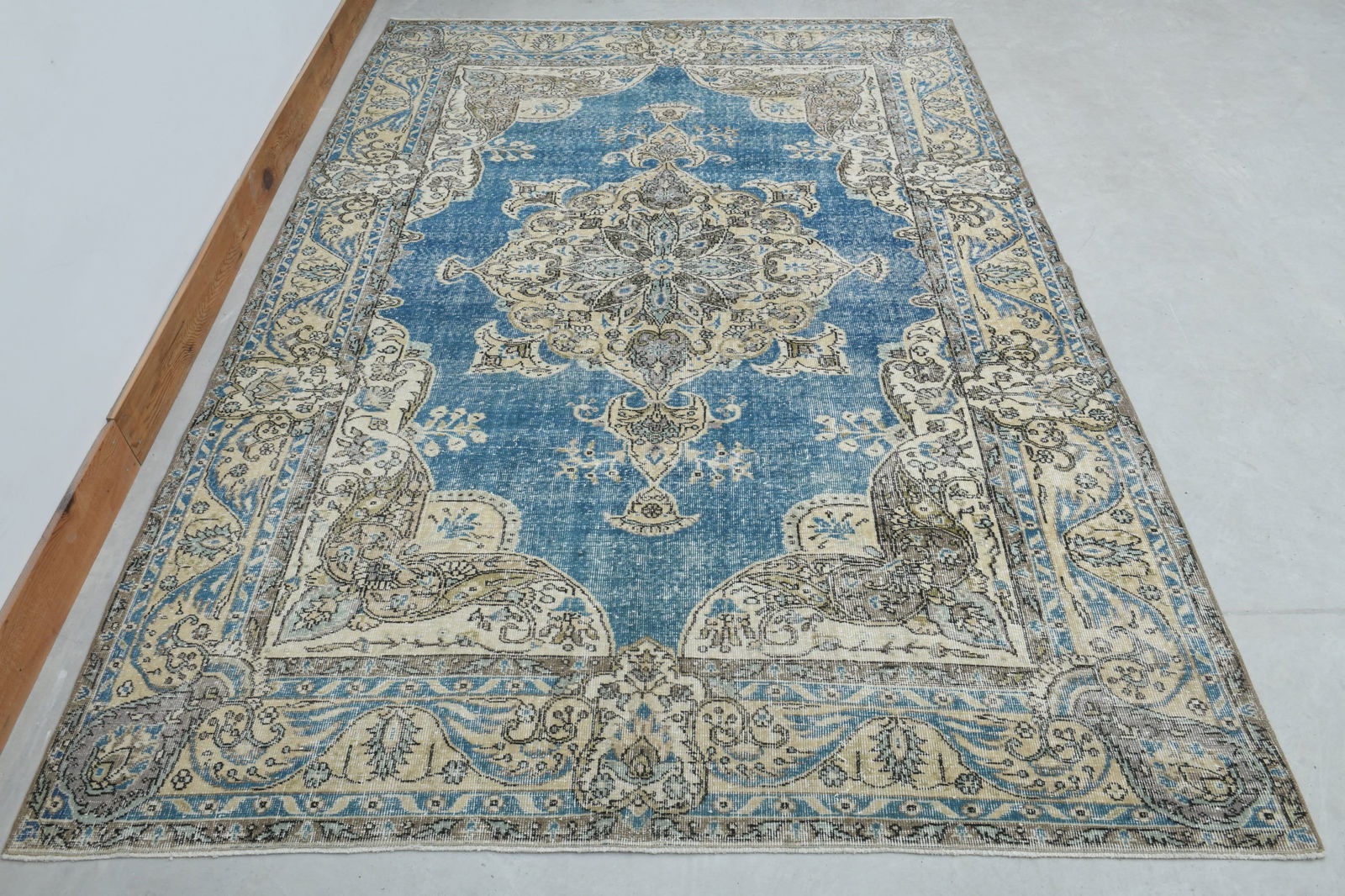 7.1x10.3 ft, BLUE TURKISH RUG: Title: 7.1x10.3 ft, BLUE TURKISH RUG Origin: Turkey Date/Period: 1960 - 1970 Materials: Wool And Cotton Size: Width: 7.1 feet Length: 10.3 feet Description: This Turkish one-of-a-kind Vintage Turkish