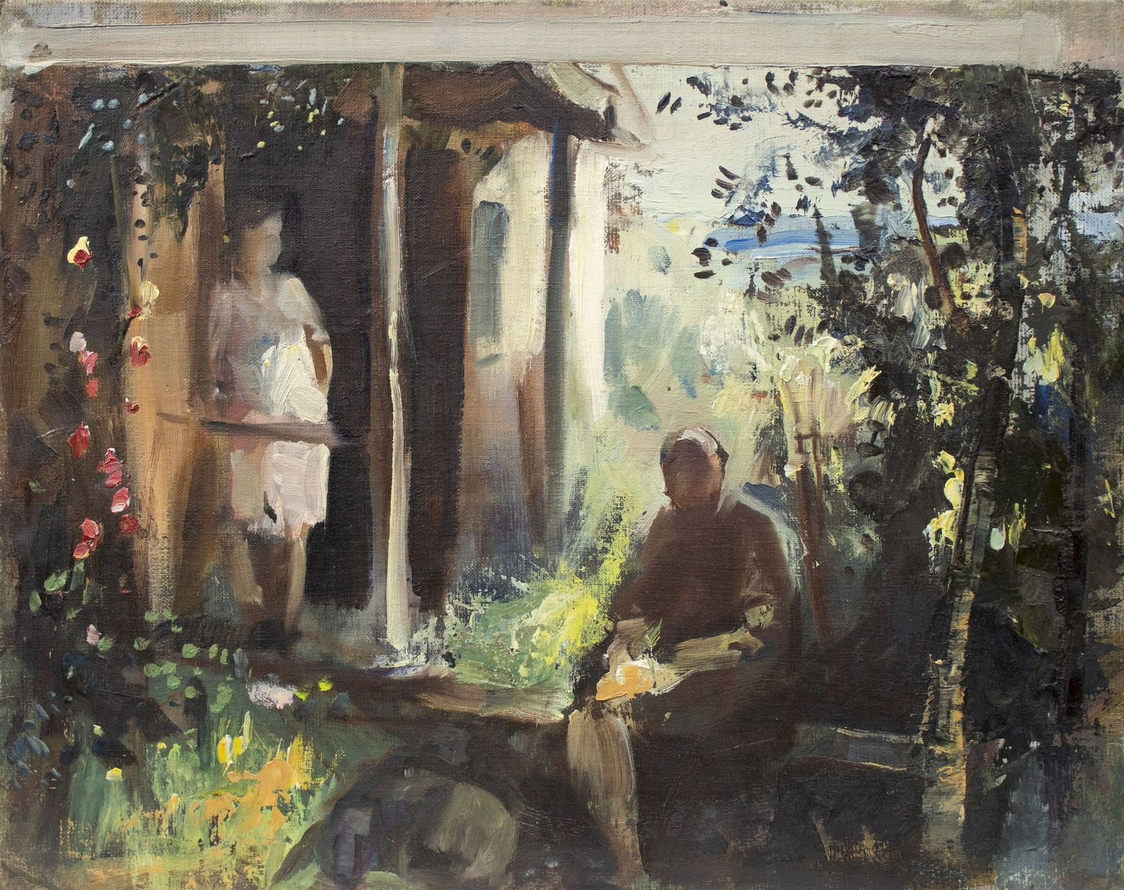 Unidentified (Ukrainian artist), "With mom on the porch", oil on canvas on cardboard (1 of 4)