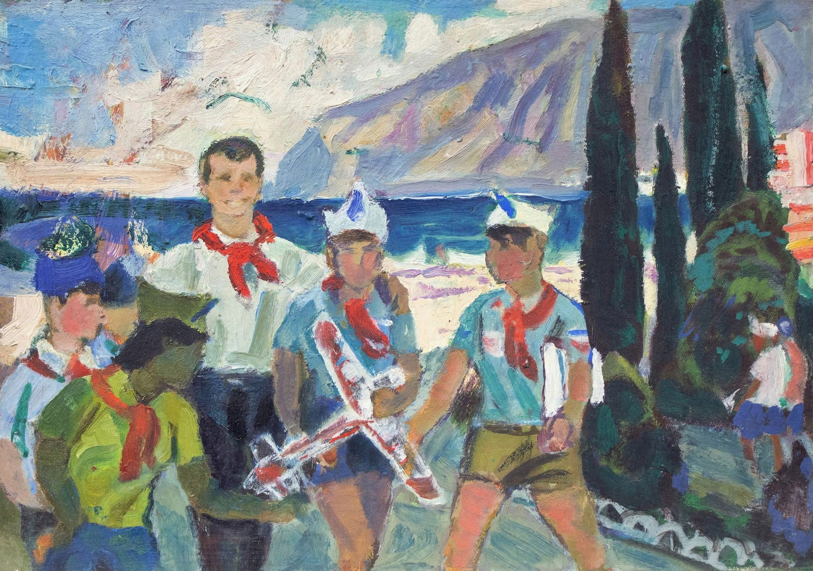 Unidentified (Ukrainian artist), "Pioneers", oil on cardboard: Title: Unidentified (Ukrainian artist), "Pioneers", oil on cardboard Artist: Unidentified Artist Description: ARTIST: Unidentified Artist TITLE: "Pioneers" SIZE: 21 x 30 cm, (8 1/4 x 11 3/4 in.)