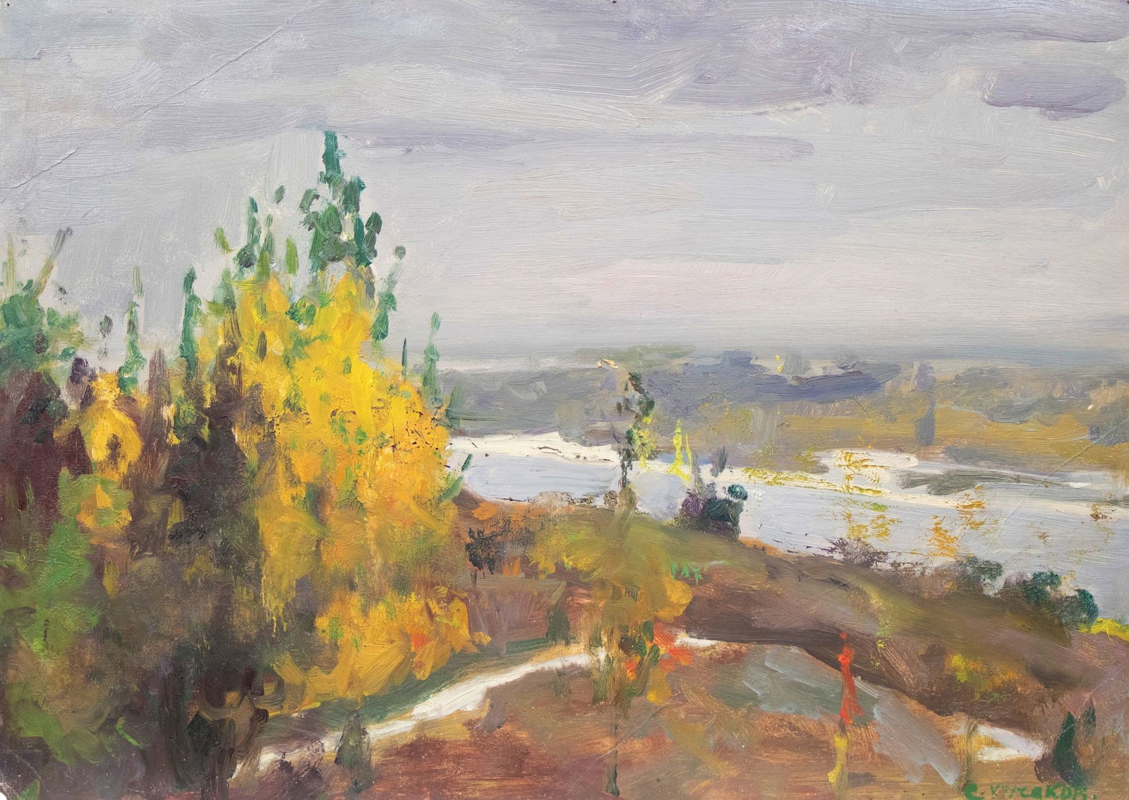 Kruchakov Samuil (Ukrainian artist), "Riverbanks", oil on cardboard: Title: Kruchakov Samuil (Ukrainian artist), "Riverbanks", oil on cardboard Artist: Kruchakov Samuil Abramovich Description: ARTIST: Kruchakov Samuil Abramovich, Ukrainian artist TITLE: "Riverbanks" SI