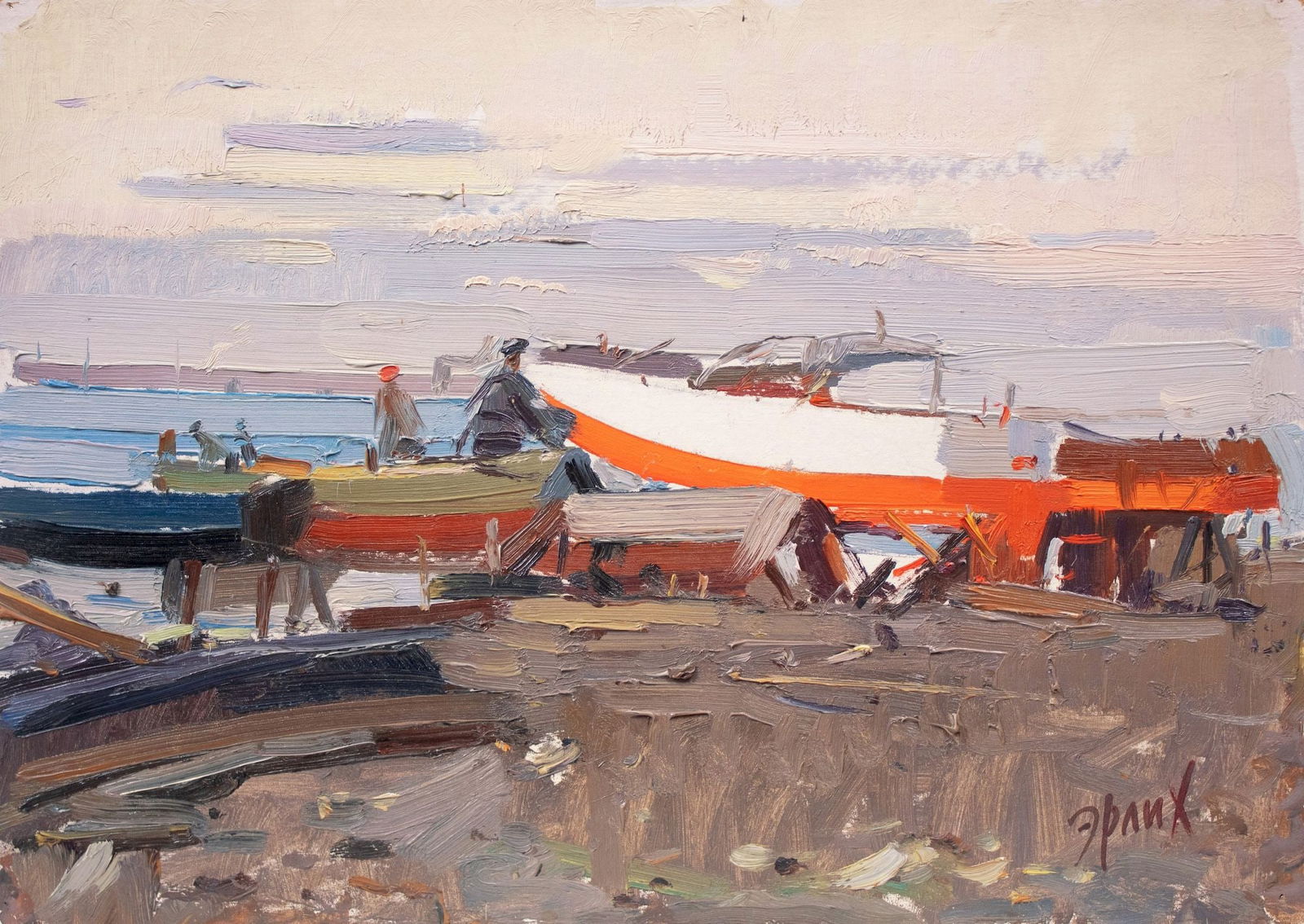 Erlih Volodymyr (Ukrainian artist), "Boats on the Dnieper river", oil on cardboard: Title: Erlih Volodymyr (Ukrainian artist), "Boats on the Dnieper river", oil on cardboard Artist: Erlih Volodymyr Isaakovich Description: ARTIST: Erlih Volodymyr Isaakovich, Ukrainian artist TITLE: "B