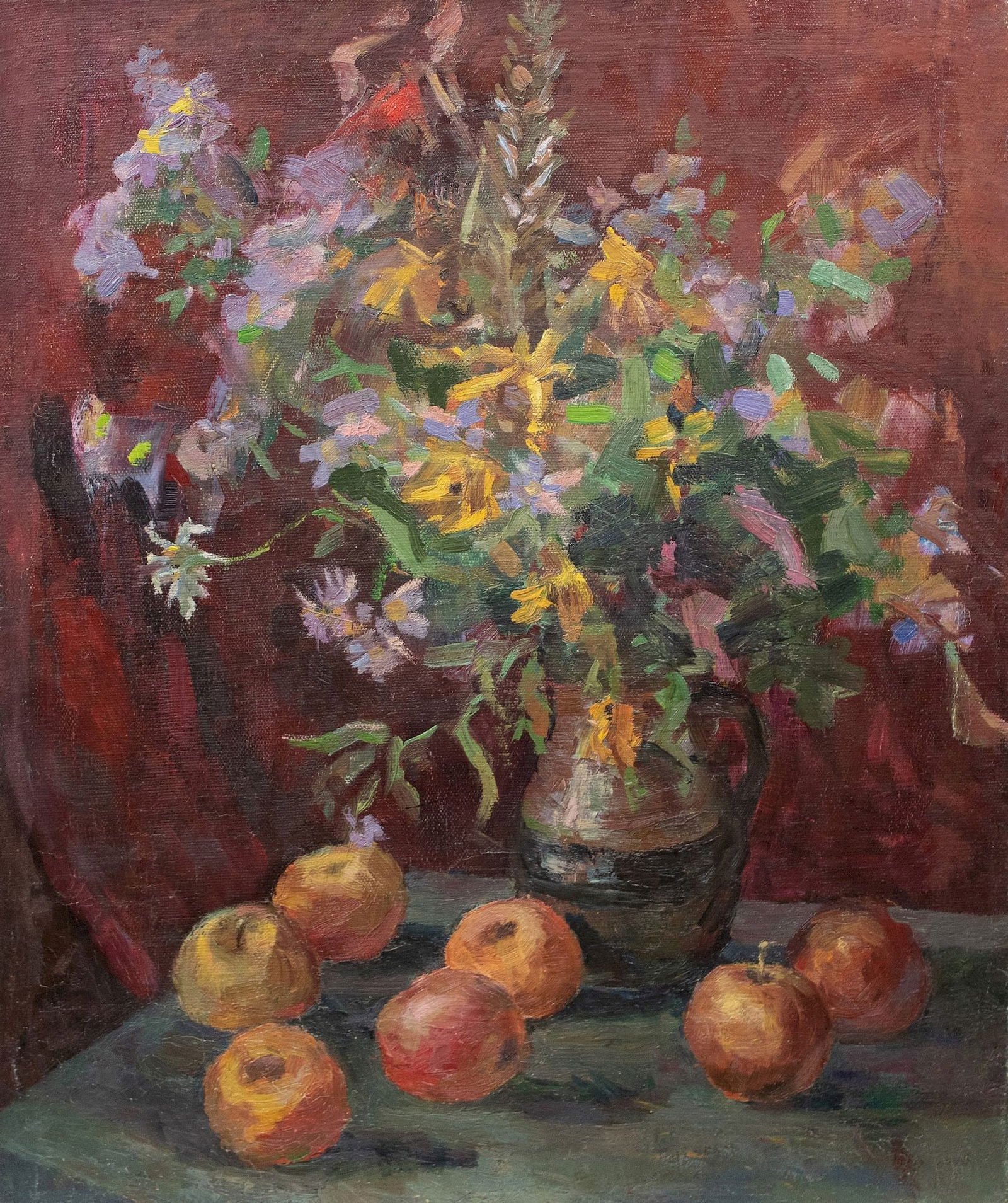 Dovgalevska Vira (Ukrainian artist), "Jug with flowers and apples", oil on canvas: Title: Dovgalevska Vira (Ukrainian artist), "Jug with flowers and apples", oil on canvas Artist: Dovgalevska Vira Veniamynivna Description: ARTIST: Dovgalevska Vira Veniamynivna, Ukrainian artist TITL
