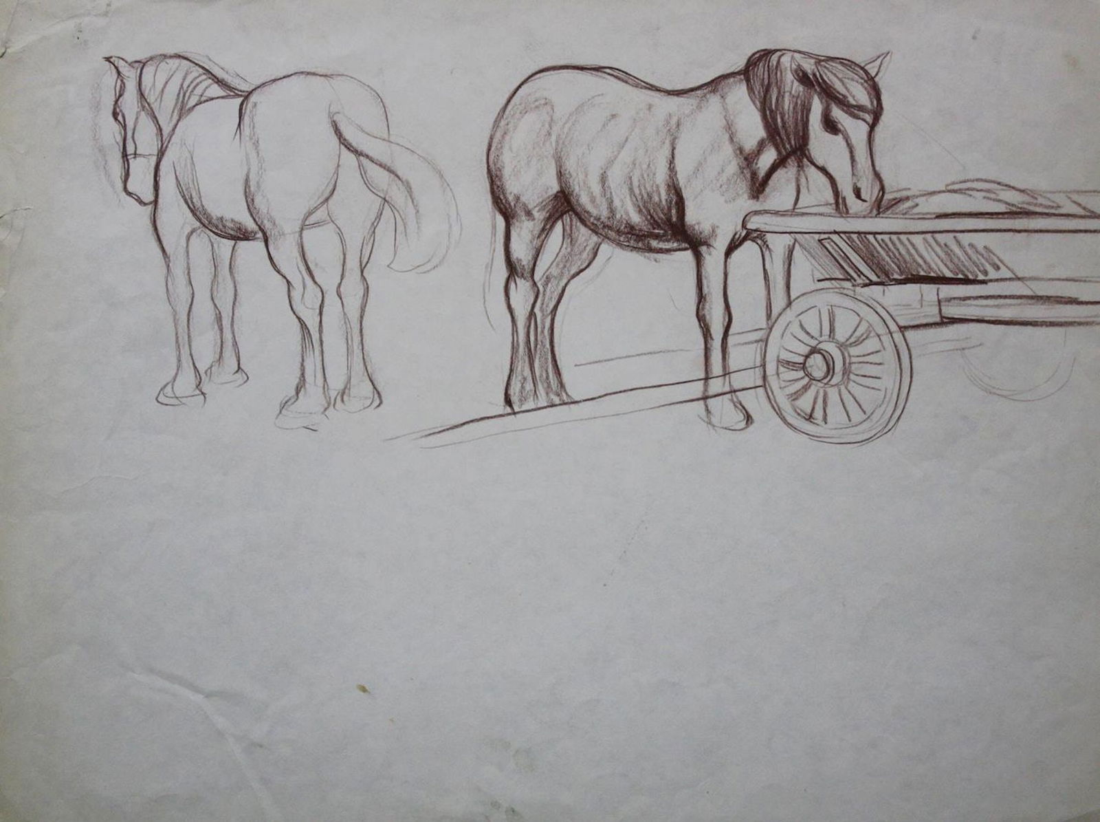 Mynka Olexandr (Ukrainian artist), "Horse near cart", sanguine on paper: Title: Mynka Olexandr (Ukrainian artist), "Horse near cart", sanguine on paper Artist: Mynka Olexandr Fedorovich Description: ARTIST: Mynka Olexandr Fedorovich, Ukrainian artist TITLE: "Horse near car