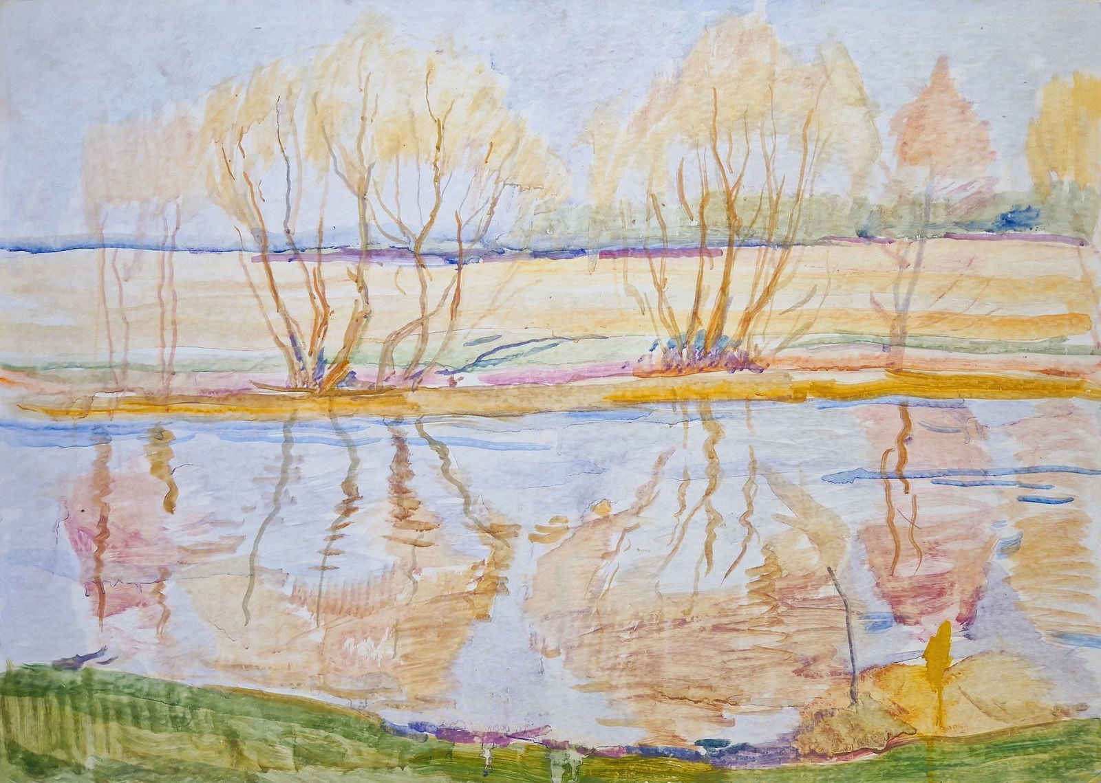 Unidentified Artist (Ukrainian artist), "River Landscape", watercolor on cardboard (1 of 3)
