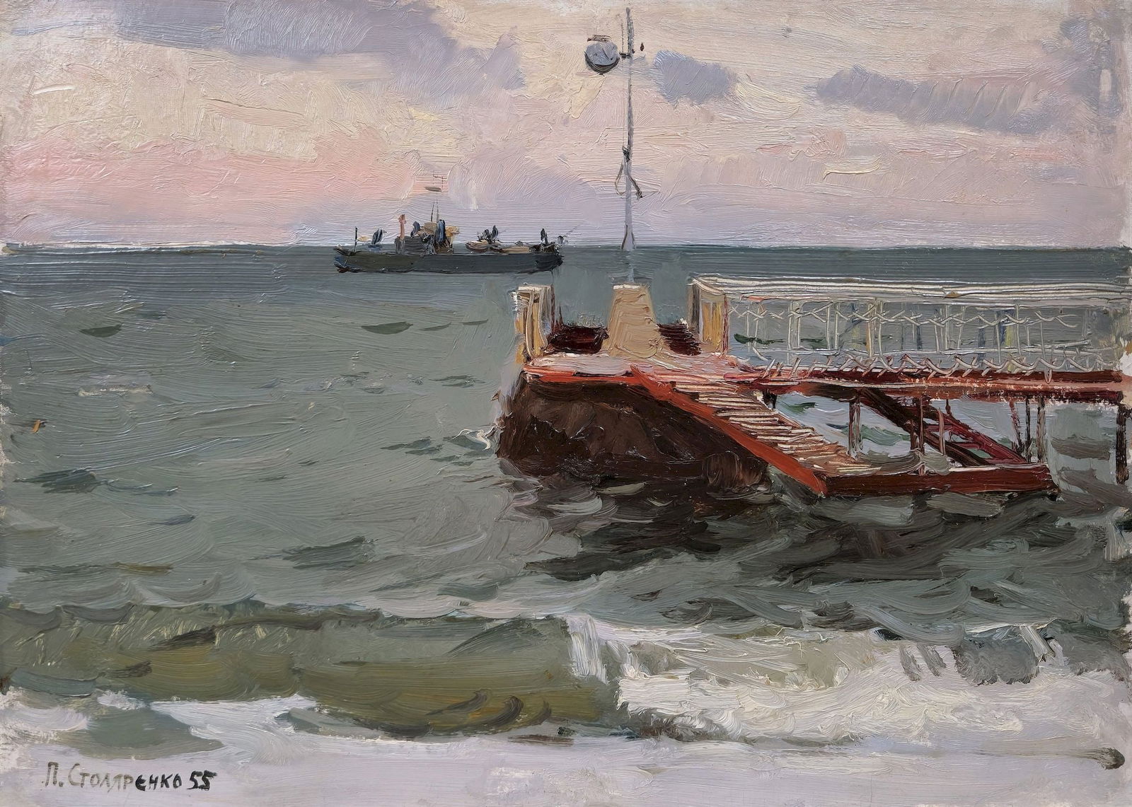 Stolyarenko Petro (Ukrainian artist), "Berth", oil on cardboard: Title: Stolyarenko Petro (Ukrainian artist), "Berth", oil on cardboard Artist: Stolyarenko Petro Kuzmich Description: ARTIST: Stolyarenko Petro Kuzmich, Ukrainian artist TITLE: "Berth" SIZE: 35 x 50