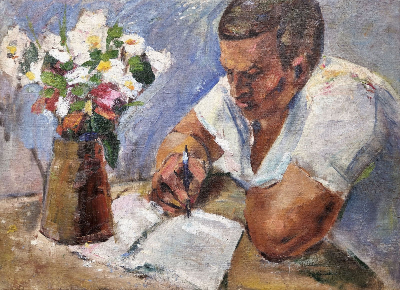 Unidentified (Ukrainian artist), "At the table", oil on canvas: Title: Unidentified (Ukrainian artist), "At the table", oil on canvas Artist: Unidentified Artist Description: ARTIST: Unidentified Artist TITLE: "At the table" SIZE: 48 x 67 cm, (18 8/9 x 26 3/8