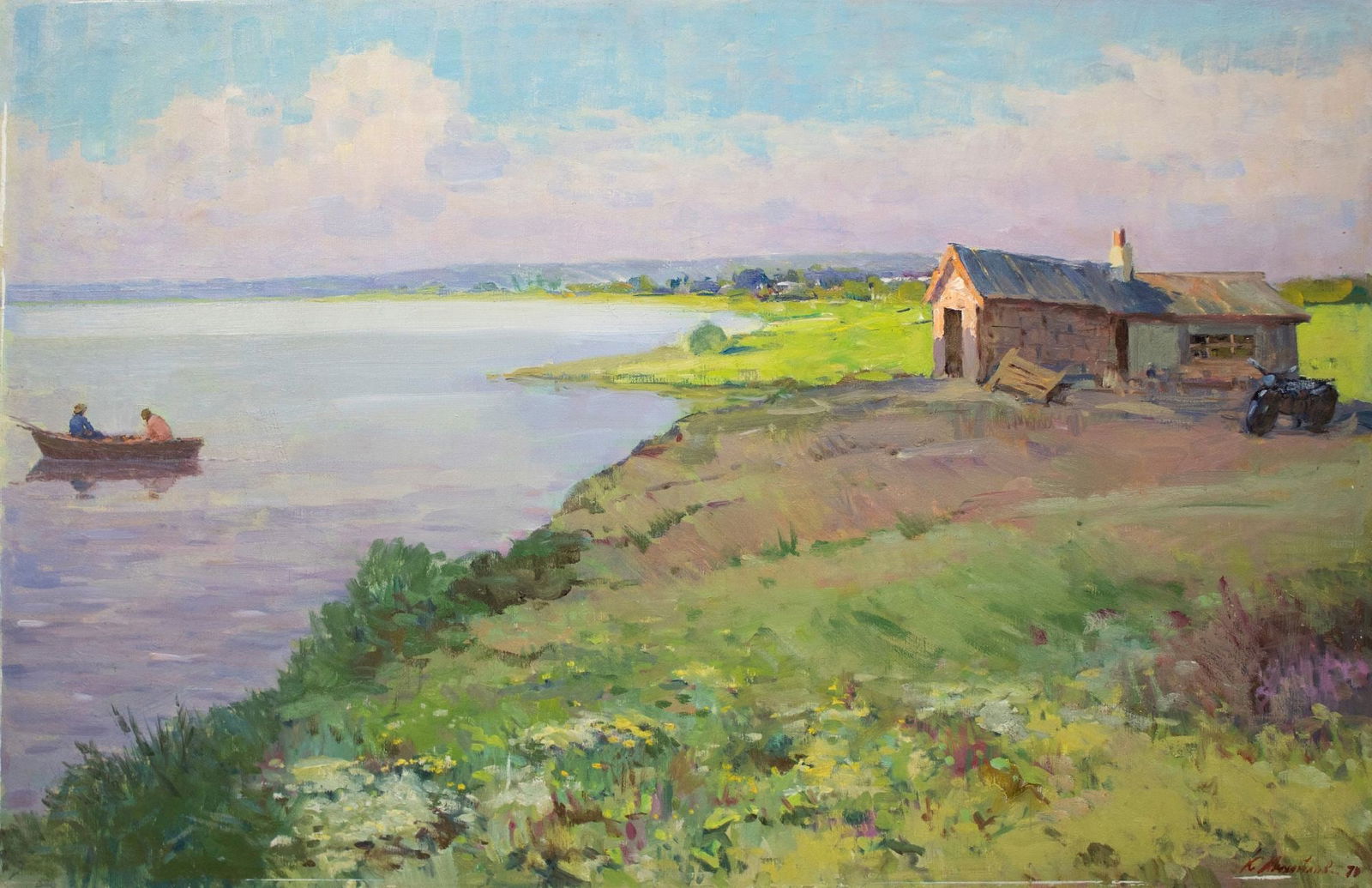 Mikhailov (Ukrainian artist), "Evening on the lake", oil on canvas: Title: Mikhailov (Ukrainian artist), "Evening on the lake", oil on canvas Artist: Mikhailov K.P. Description: ARTIST: Mikhailov K.P., Ukrainian artist TITLE: "Evening on the lake" SIZE: 75 x 113 cm, (