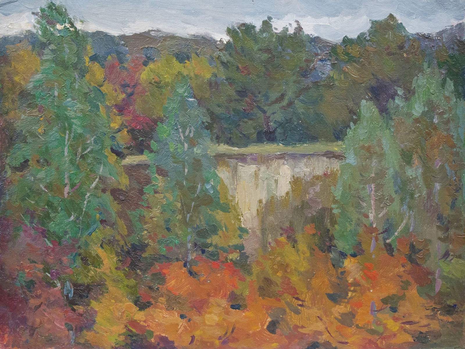 Mynka Olexandr (Ukrainian artist), "Evening over the forest lake", oil on cardboard