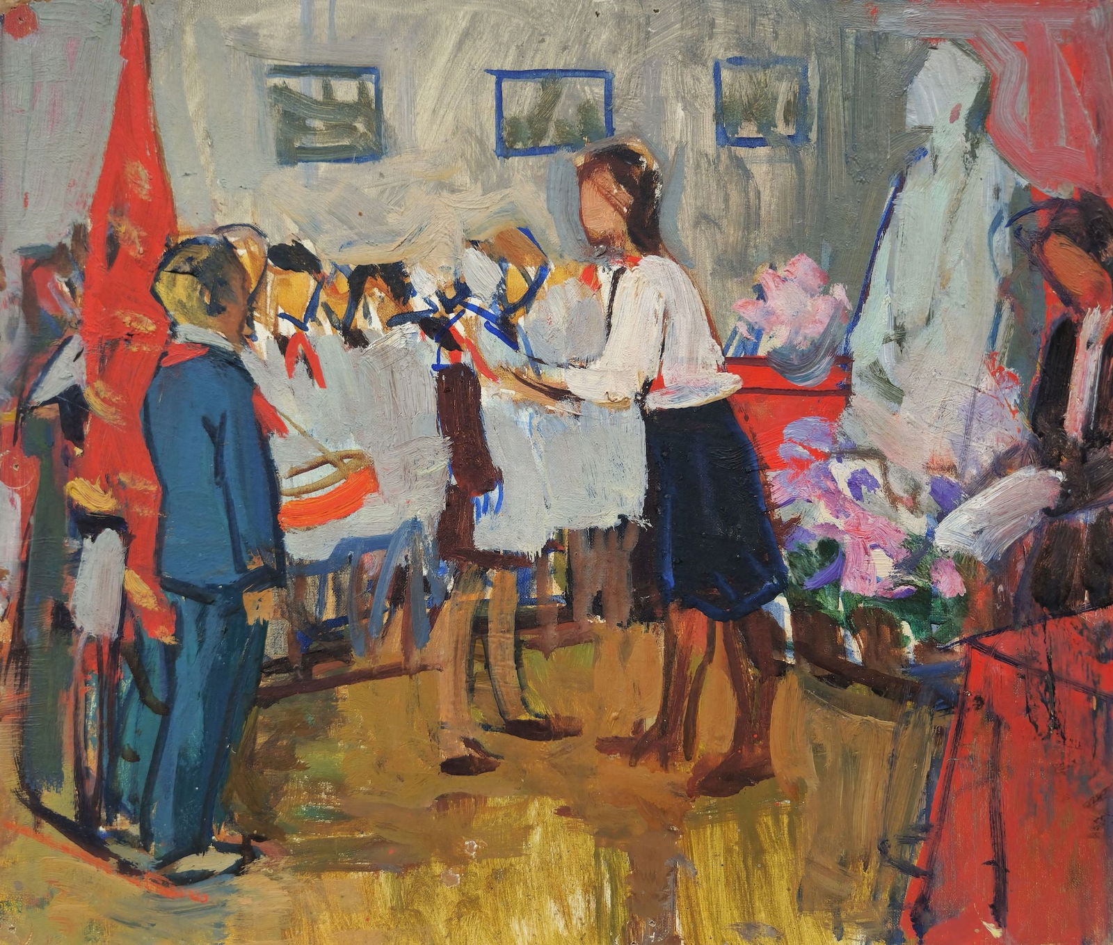 Unidentified (Ukrainian artist), "Initiation to the pioneers", oil on cardboard: Title: Unidentified (Ukrainian artist), "Initiation to the pioneers", oil on cardboard Artist: Unidentified Artist Description: ARTIST: Unidentified Artist TITLE: "Initiation to the pioneers" SIZE: 31