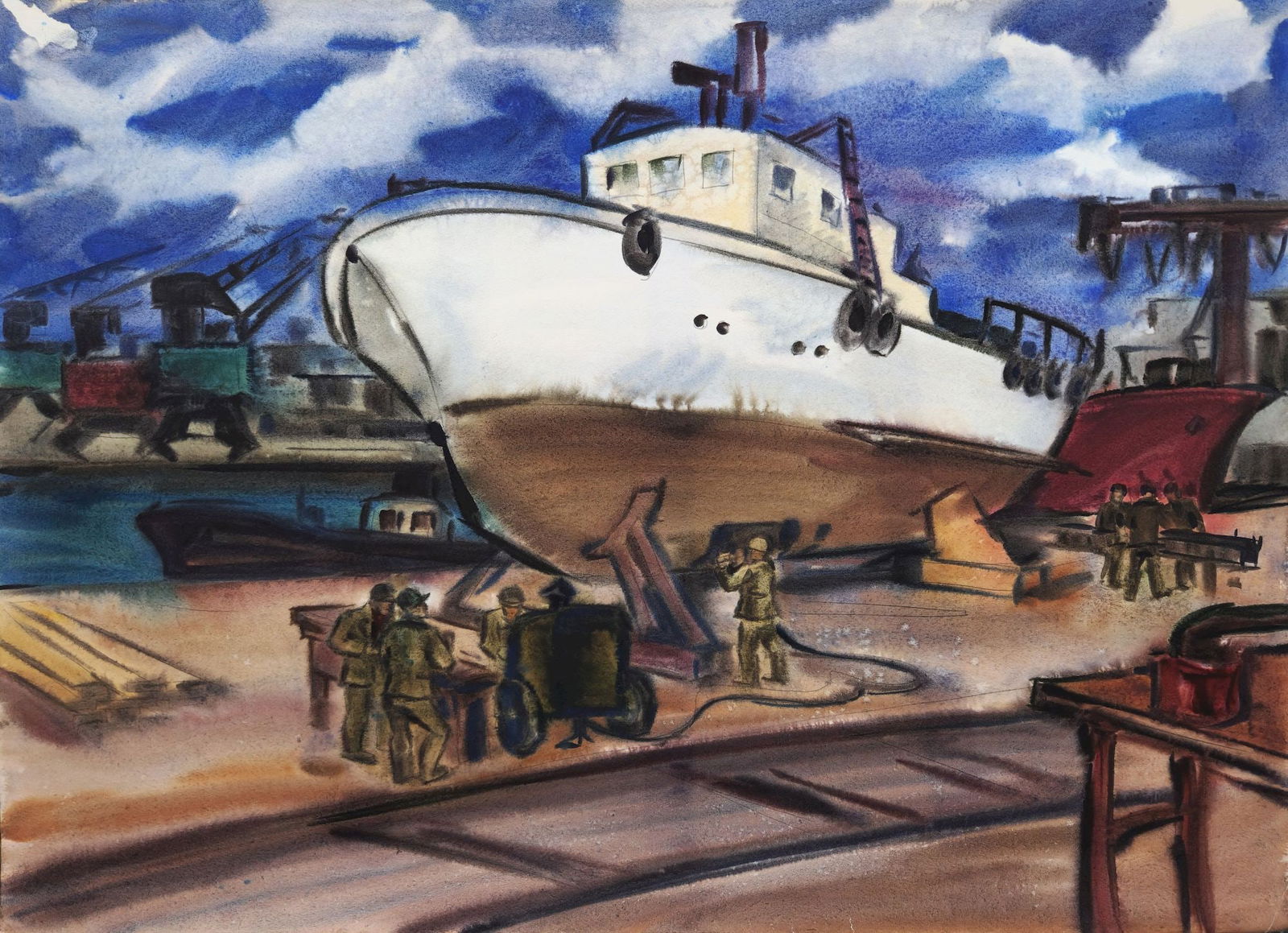 Kirilkov Valentin (Ukrainian artist), "Welding work on a boat", watercolor on paper: Title: Kirilkov Valentin (Ukrainian artist), "Welding work on a boat", watercolor on paper Artist: Kirilkov Valentin Feodosievich Description: ARTIST: Kirilkov Valentin Feodosievich, Ukrainian artist
