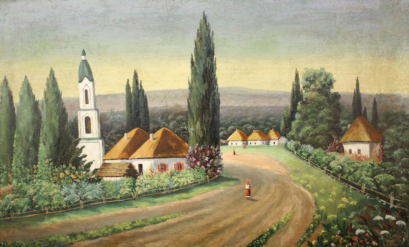 Prokopenko (Ukrainian artist), "Village street", oil on canvas: Title: Prokopenko (Ukrainian artist), "Village street", oil on canvas Artist: Prokopenko N. Description: ARTIST: Prokopenko N., Ukrainian artist TITLE: "Village street" SIZE: 58 x 95 cm, (22 3/4 x 37
