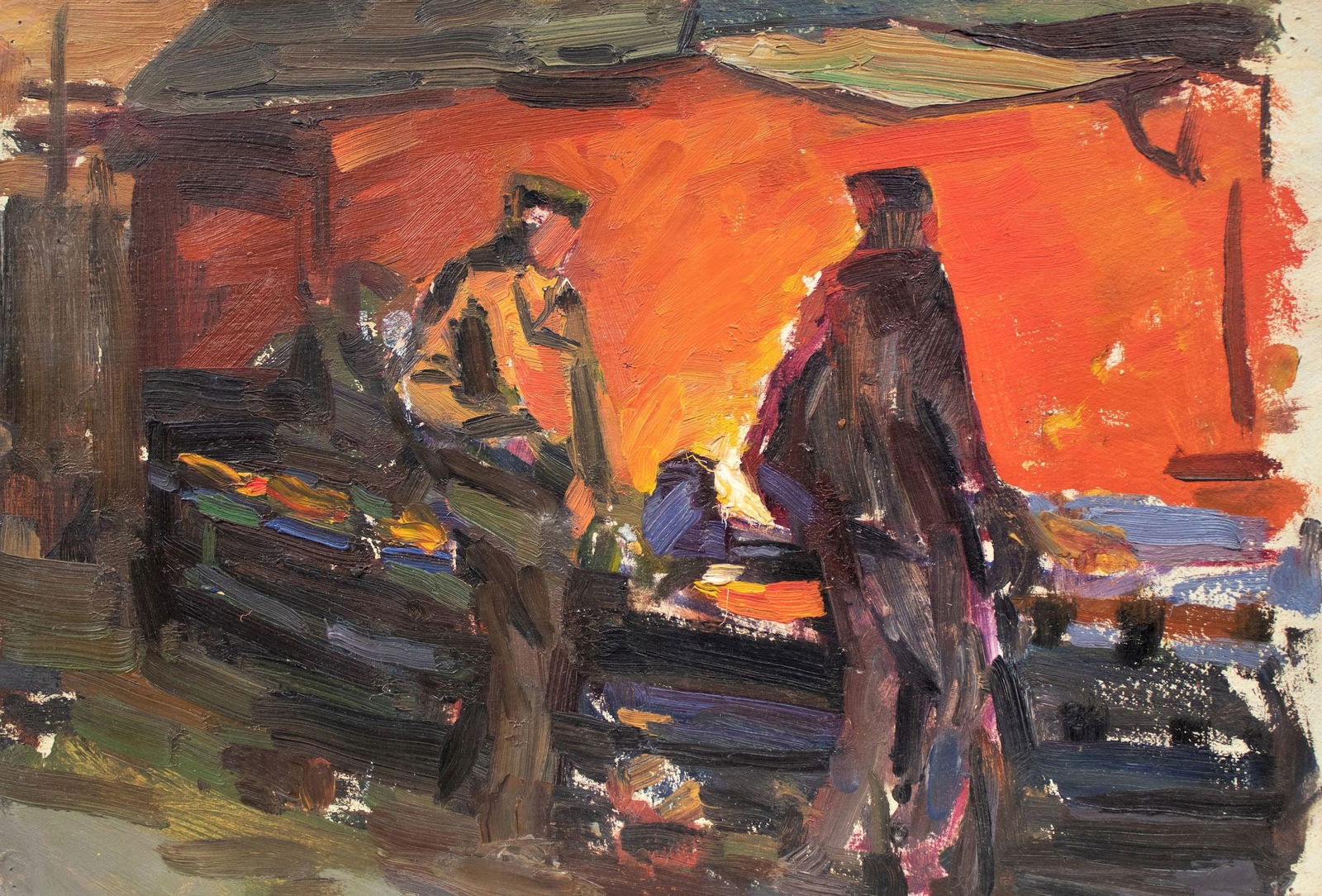 Unidentified (Ukrainian artist), "Steelmakers", oil on cardboard: Title: Unidentified (Ukrainian artist), "Steelmakers", oil on cardboard Artist: Unidentified Artist Description: ARTIST: Unidentified Artist TITLE: "Steelmakers" SIZE: 24 x 35 cm, (9 2/4 x 13 3/4 in.)