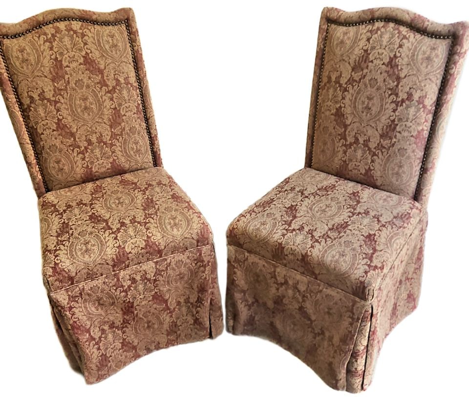 Pair of vintage Bombay Company Parsons Chairs w/ rich textured designer fabric: The chairs are best described as skirted Parsons dining chairs. Fully upholstered featuring a long skirt that covers the legs entirely, giving them a formal and traditional appearance. This particular