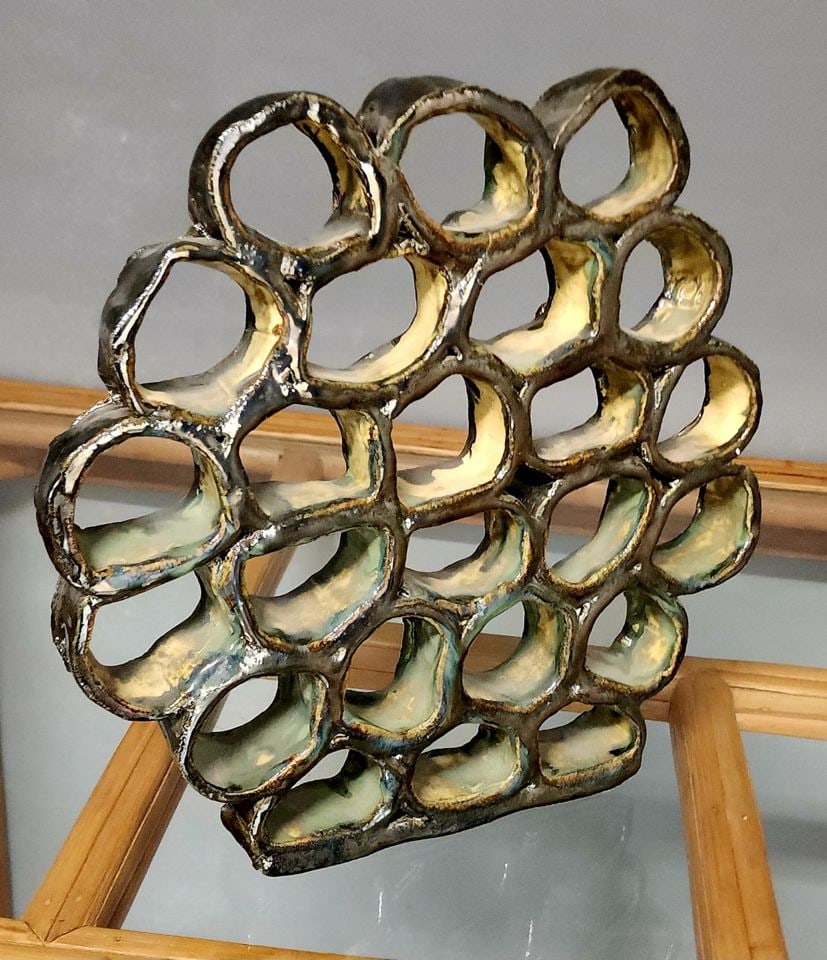 Mid-century brutalist abstract ceramic sculpture w/ great negative space & tessellated form. Signed.: Mid-century brutalist abstract ceramic sculpture w/ great negative space & tessellated form. Signed. Reserve: $300.00 Shipping: Domestic: Shipping rates are determined by destination Interna