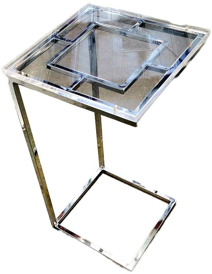 Contemporary Modern Deco-Style Chrome and Lucite accent side table w/ slide-under feature: Contemporary Modern Deco-Style Chrome and Lucite accent side table w/ slide-under feature Reserve: $100.00 Shipping: Domestic: Shipping rates are determined by destination International: For