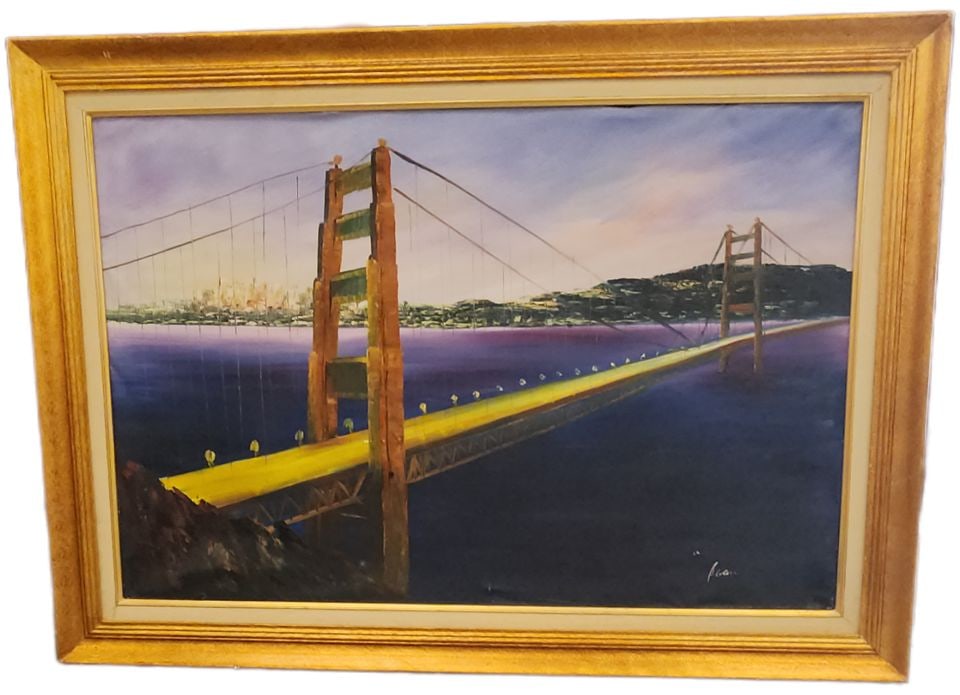 Vintage impressionist oil painting of the Golden Gate Bridge at San Francisco Bay. Signed by artist. (1 of 3)
